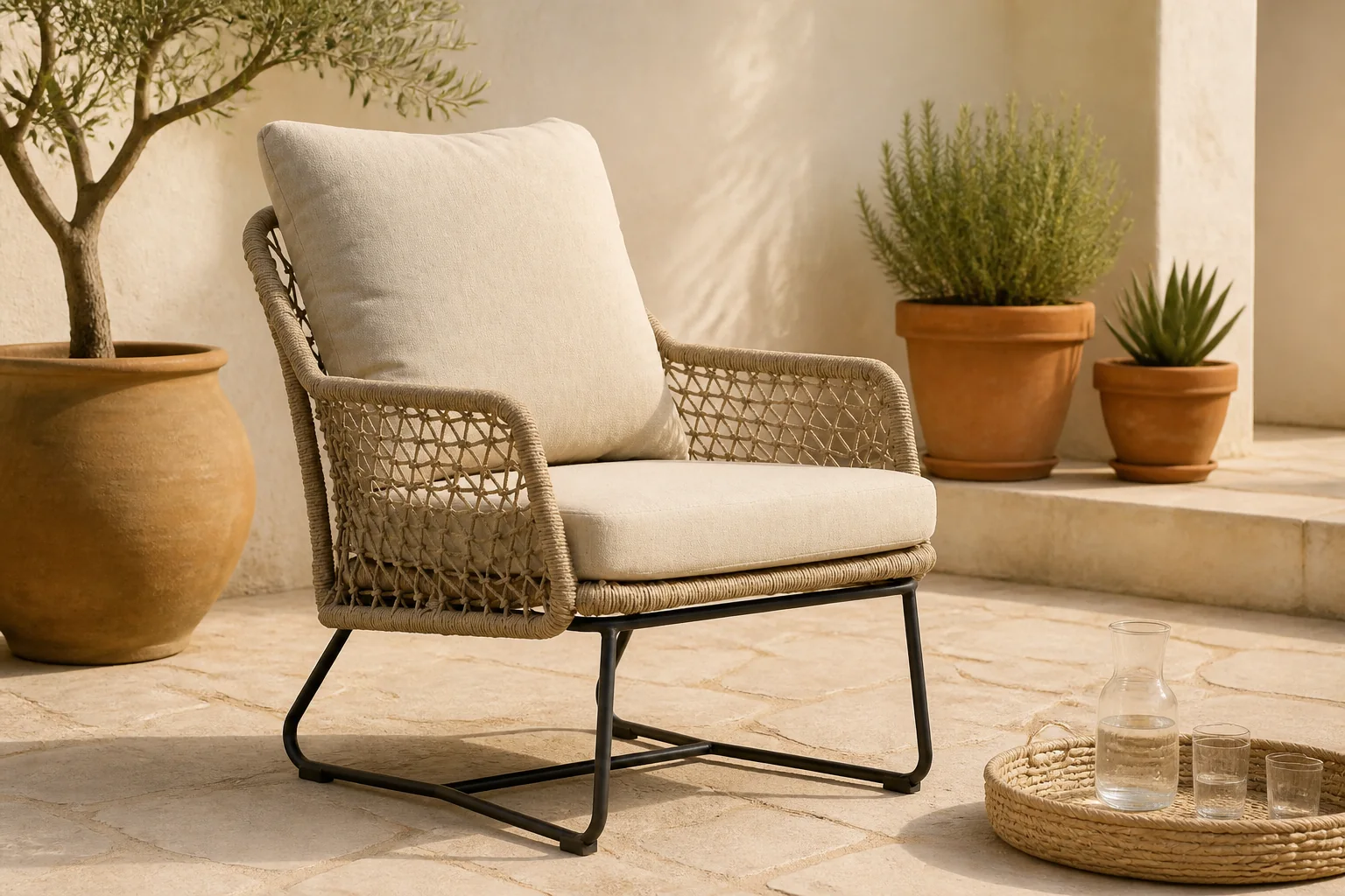 Sfeerfoto van BUITEN living Gianna loungestoel | touw + aluminium | Sahara Dust