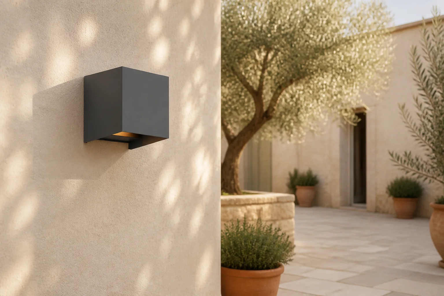 Sfeerfoto van Calex Outdoor wall light cube antraciet Bari – zwart