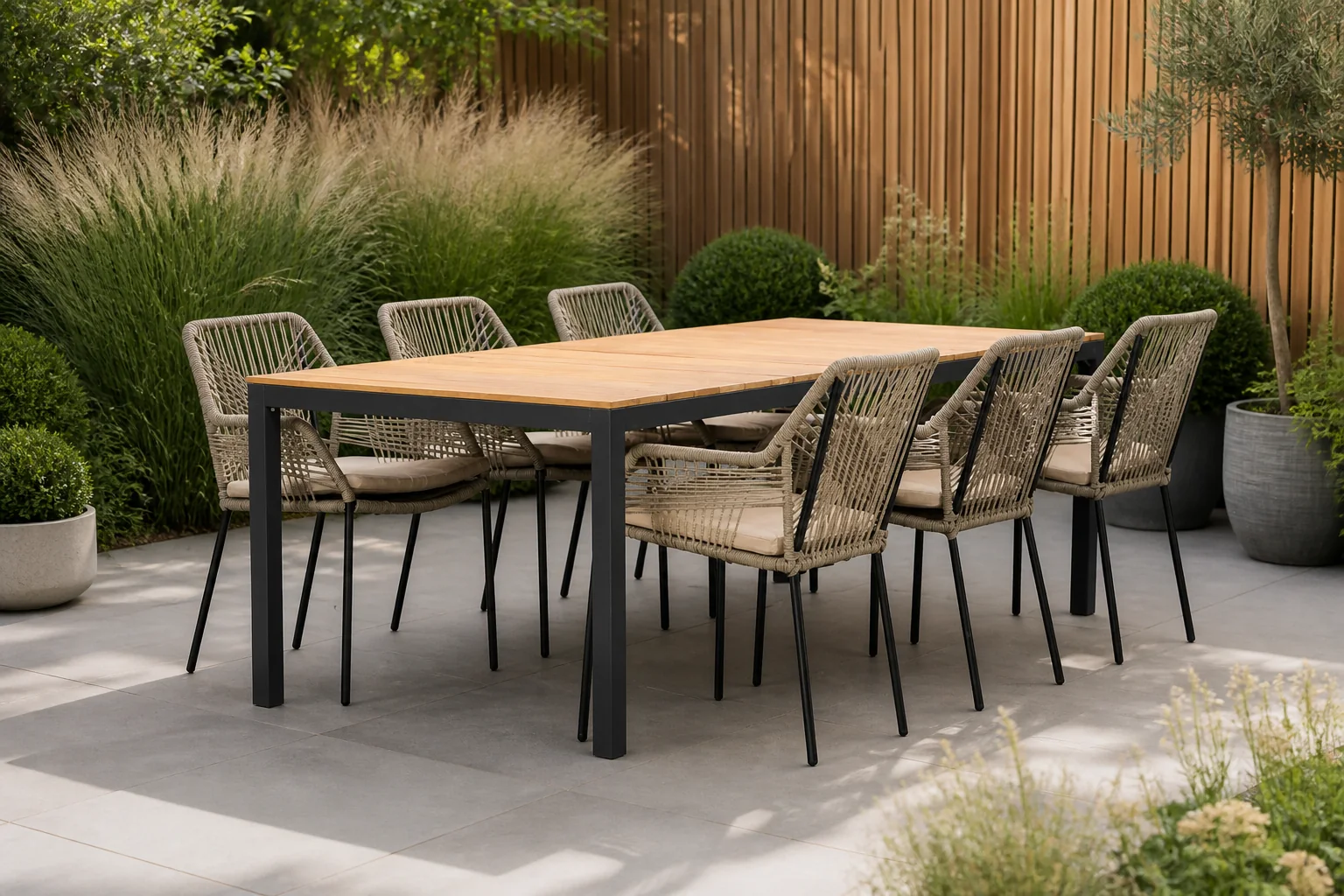 Sfeerfoto van LUX outdoor living Delta/Seville zand dining tuinset | 6 personen | teakhout + aluminium | 220cm