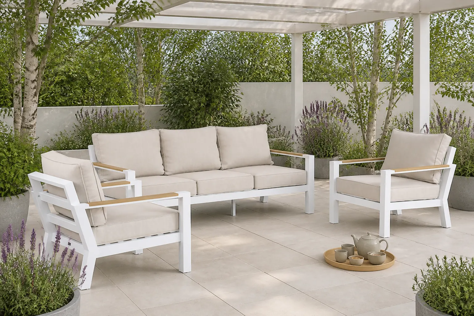 Sfeerfoto van Lifestyle Garden Furniture Bilbao stoel-bank loungeset 3-delig – Wit
