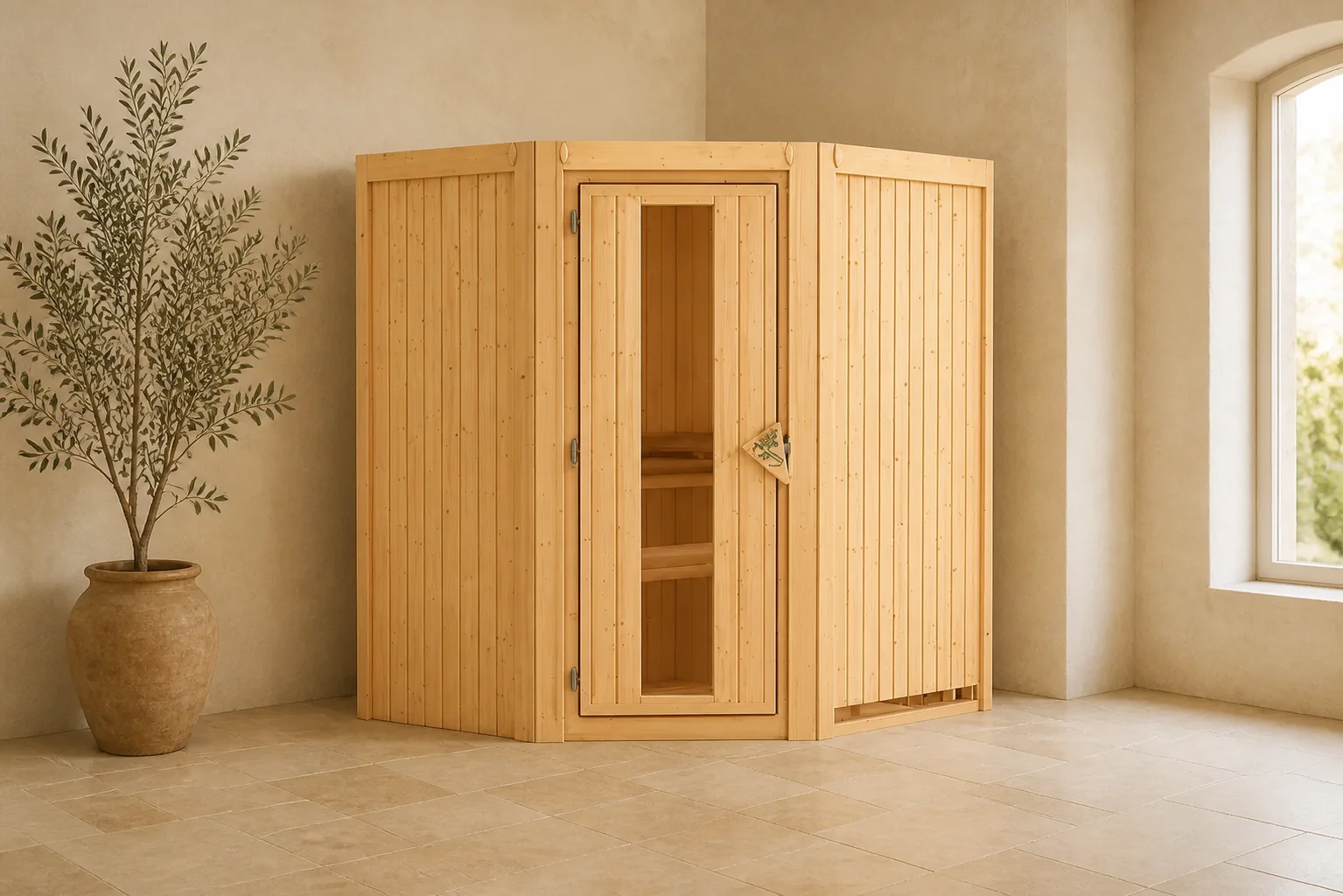 Sfeerfoto van Karibu | Tonja Sauna | Bronzeglas Deur | Kachel 3,6 kW Geïntegreerde Bediening