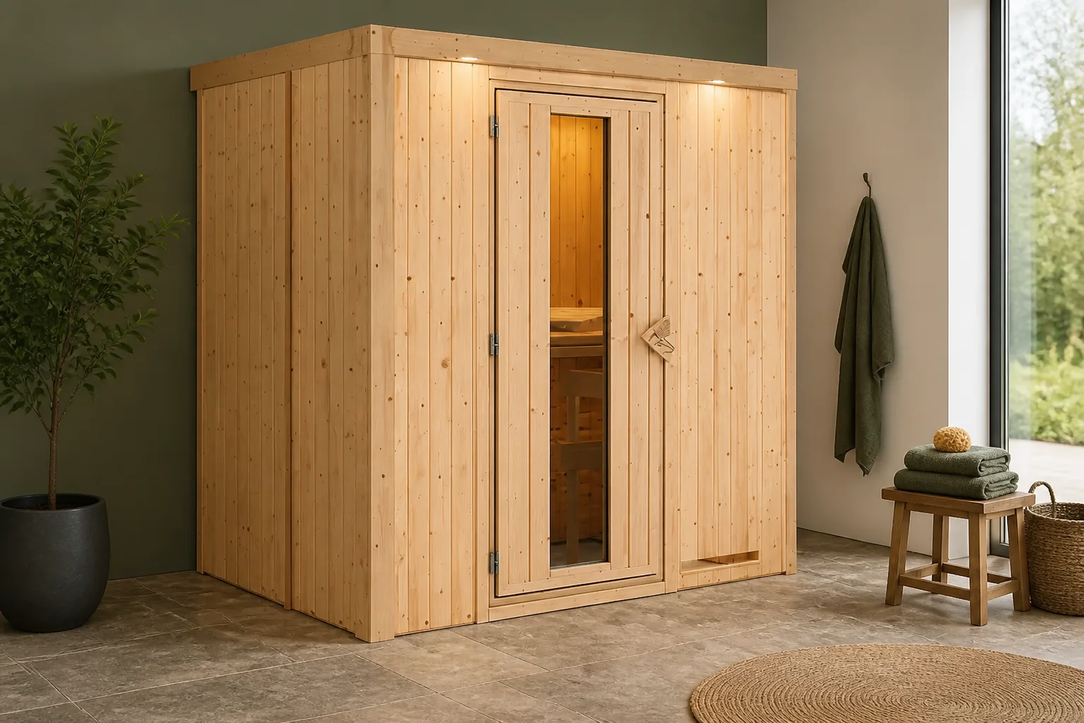 Sfeerfoto van Karibu | Nanja Sauna met Dakkraag | Antracietglas | Biokachel 3,6 kW Externe Bediening