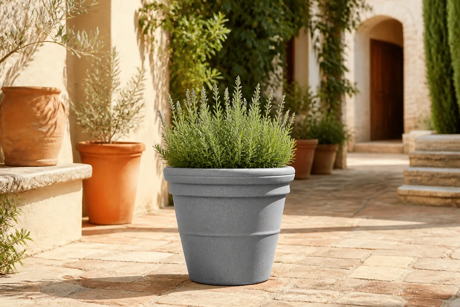 Sfeerfoto van Prestige Ronde 500L grijze plantenbak Rome – grijs