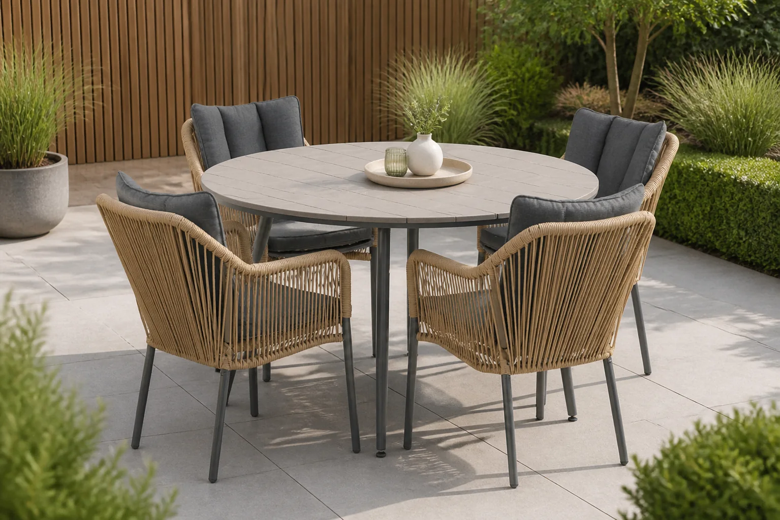 Sfeerfoto van De Laan Projects Laan Marbella/Matale 125 cm dining tuinset 5-delig – Taupe-naturel-bruin