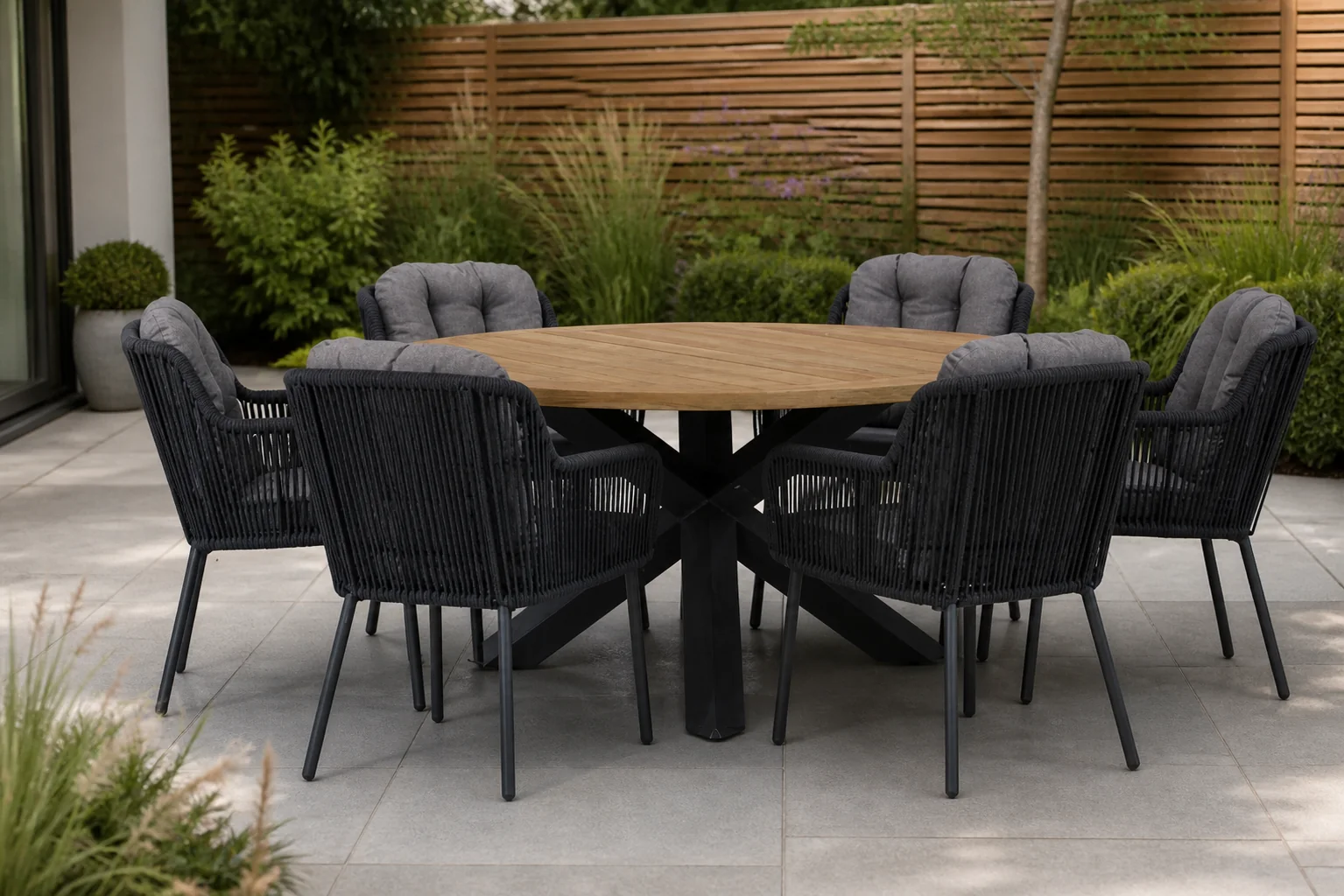 Sfeerfoto van Santika Furniture Tendenza/Rockville 160 cm dining tuinset 7-delig – Grijs-antraciet