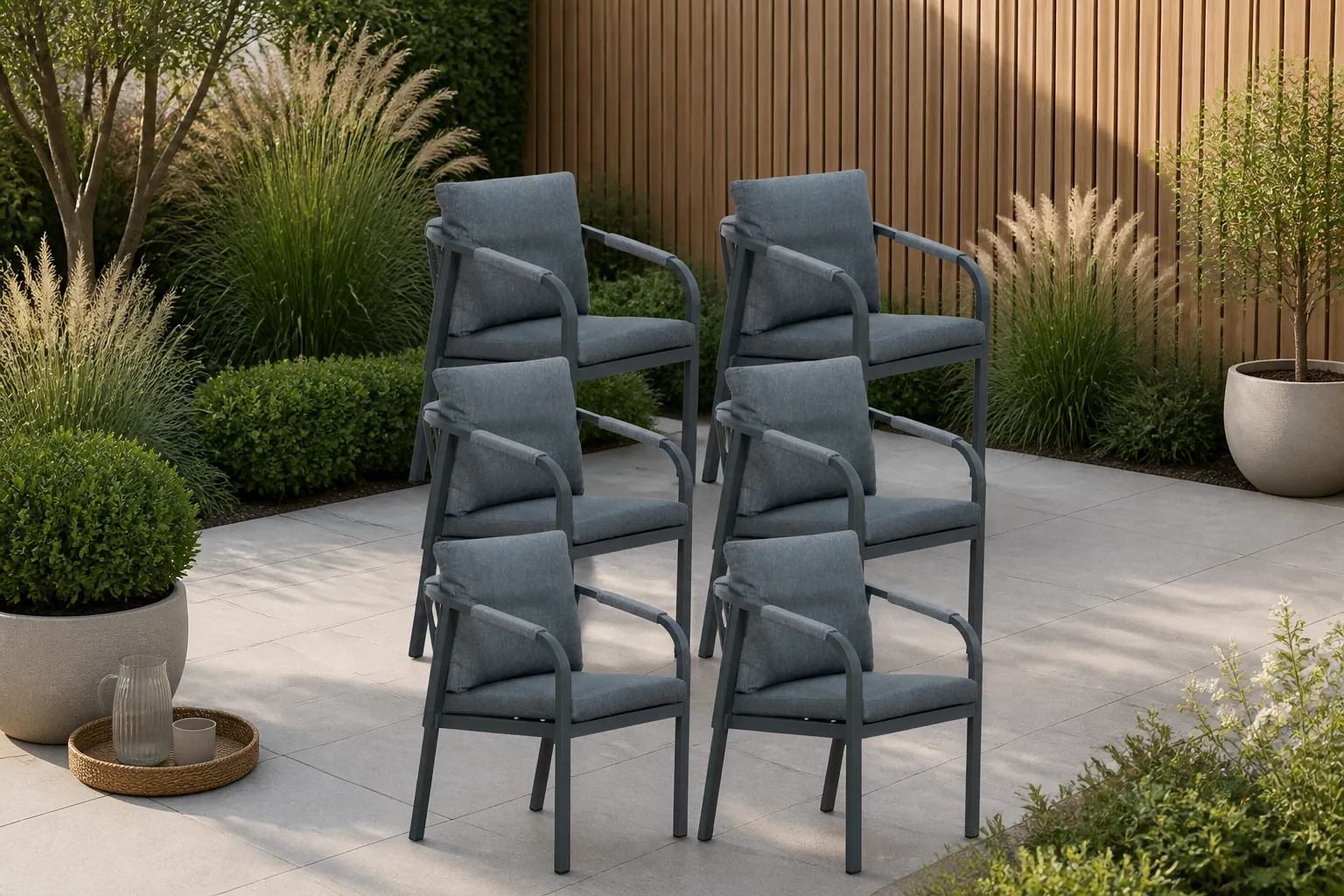 Sfeerfoto van LUX outdoor living Calgary dining tuinstoel set van 6 | touw + aluminium | antraciet