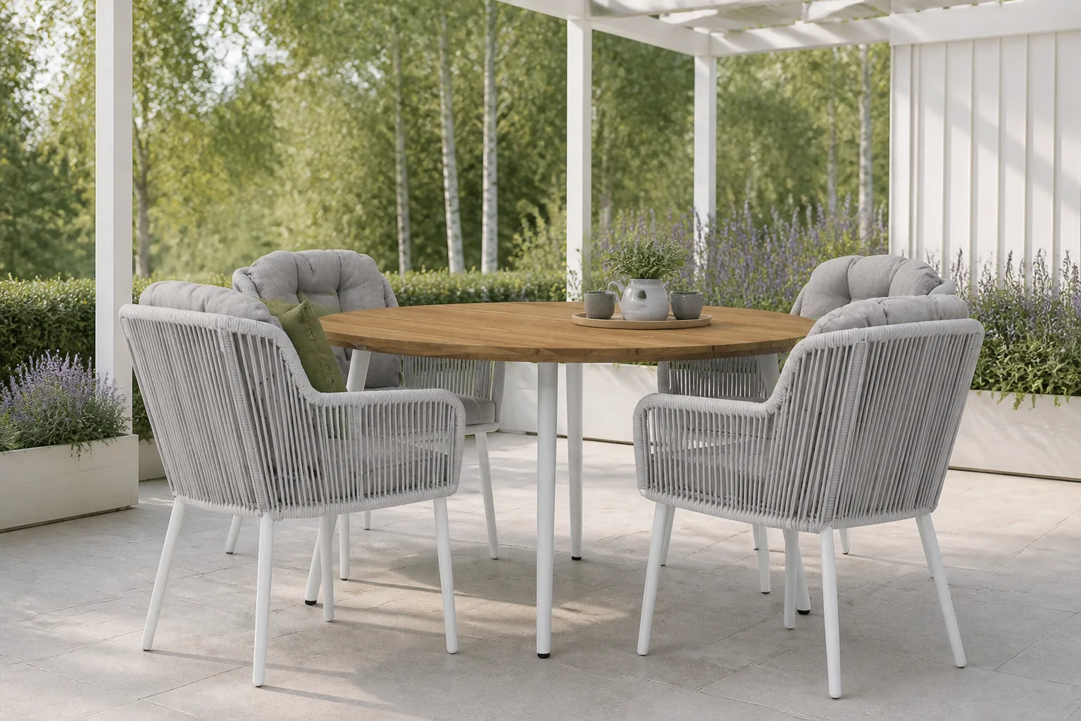 Sfeerfoto van Santika Furniture Tendenza/Montana 130 cm rond dining tuinset 5-delig – Wit