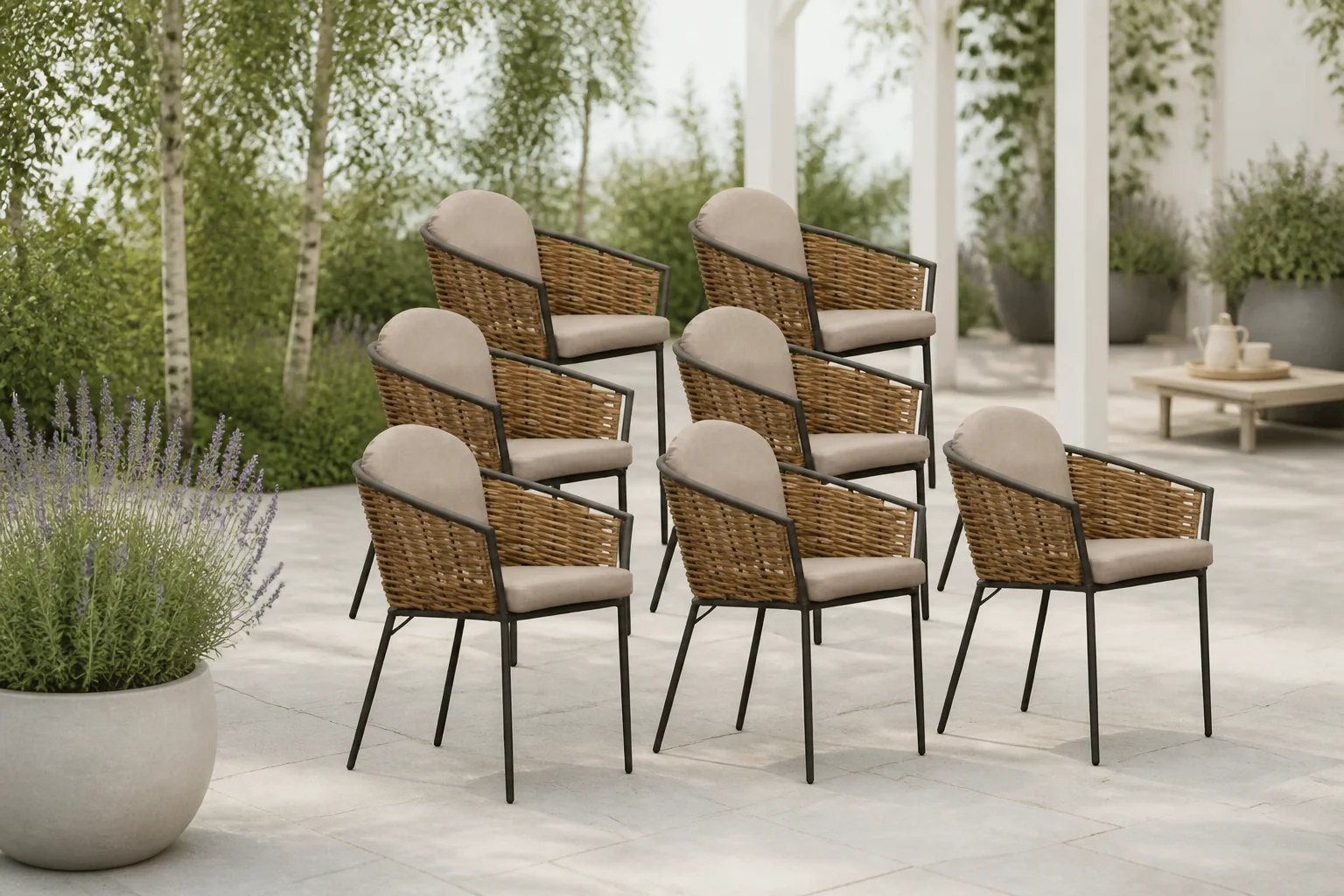 Sfeerfoto van Denza Furniture Lucca dining tuinstoel set van 8 stapelbaar | wicker + aluminium | zand