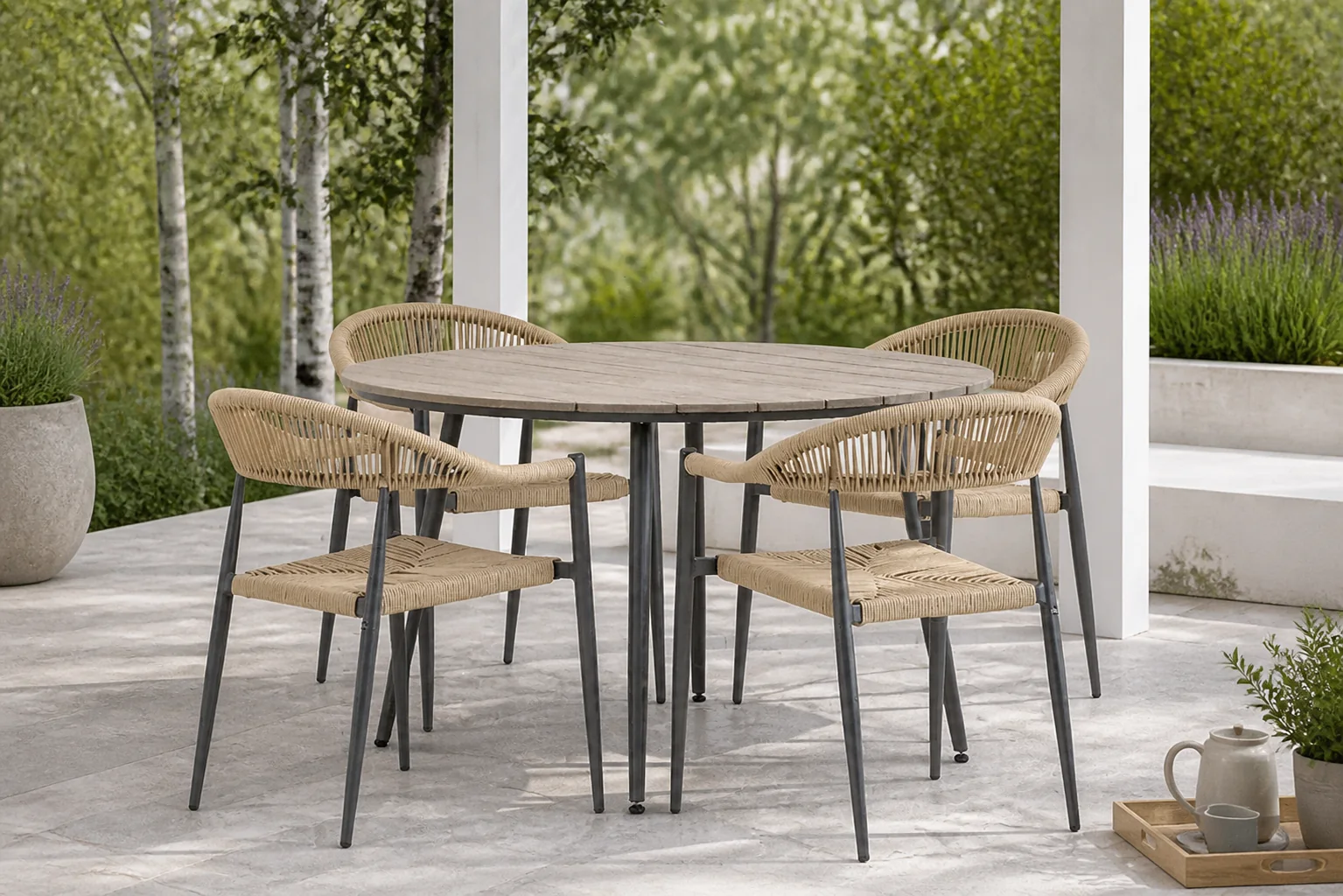 Sfeerfoto van De Laan Projects Laan Granada/Matale 125 cm dining tuinset 5-delig – Taupe-naturel-bruin