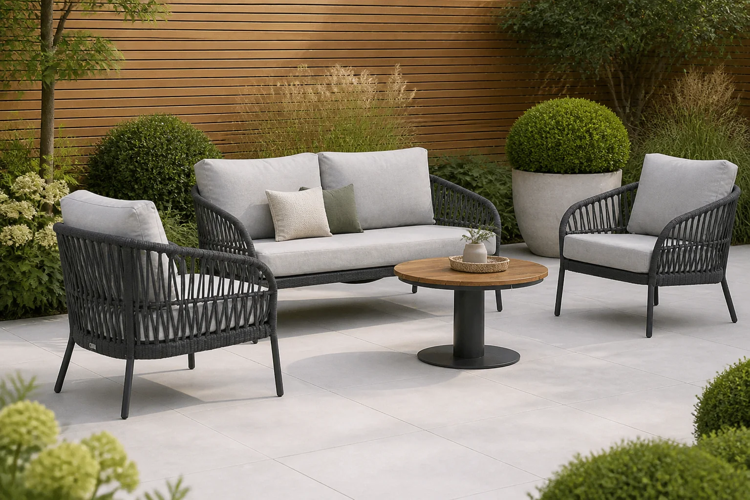 Sfeerfoto van Coco Puerto/Salerno 80 cm stoel-bank loungeset 4-delig – Grijs-antraciet