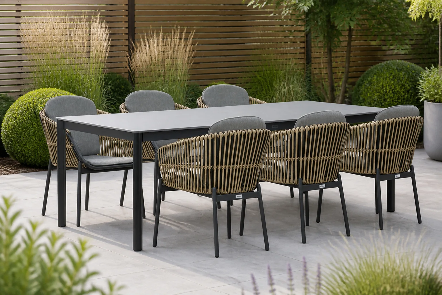 Sfeerfoto van Coco Nathan/Como 220 cm dining tuinset 7-delig – Taupe-naturel-bruin