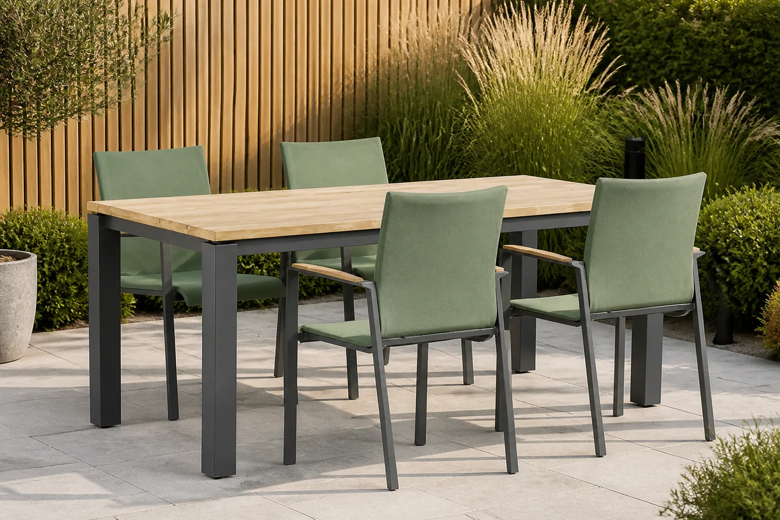 Sfeerfoto van Lifestyle Garden Furniture Brandon/Riviera 180 cm dining tuinset 5-delig – Groen