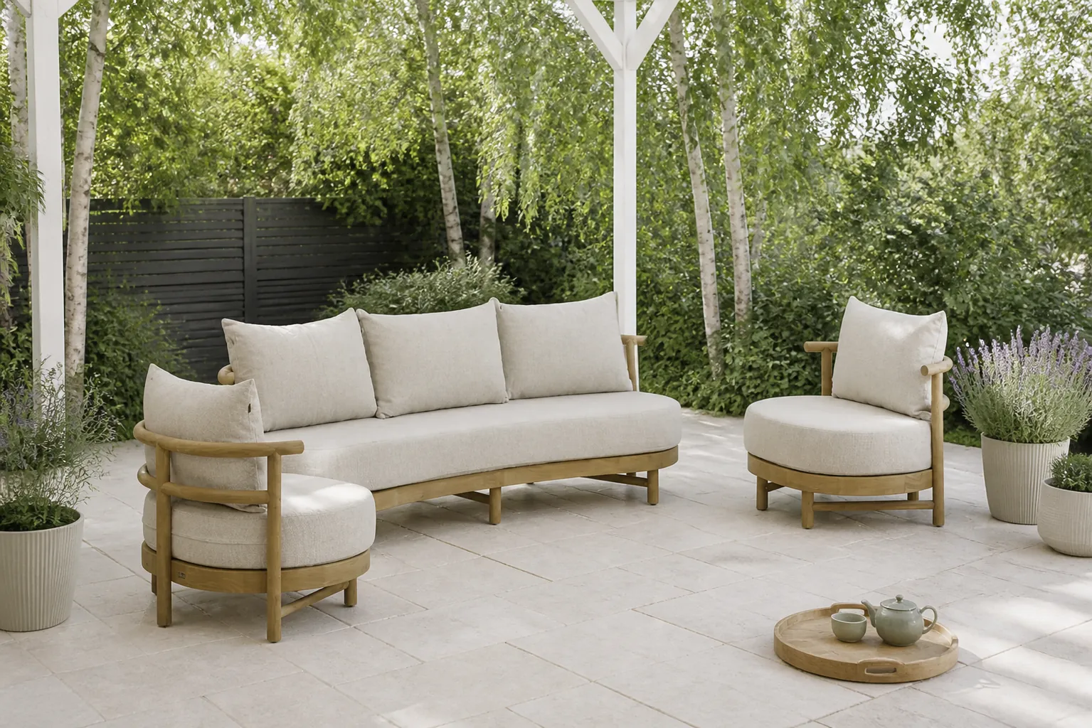 Sfeerfoto van Santika Furniture Kayu stoel-bank loungeset 3-delig – Old teak greywash