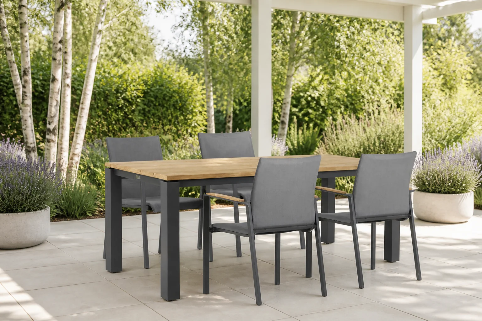 Sfeerfoto van Lifestyle Garden Furniture Brandon/Riviera 180 cm dining tuinset 5-delig – Grijs-antraciet
