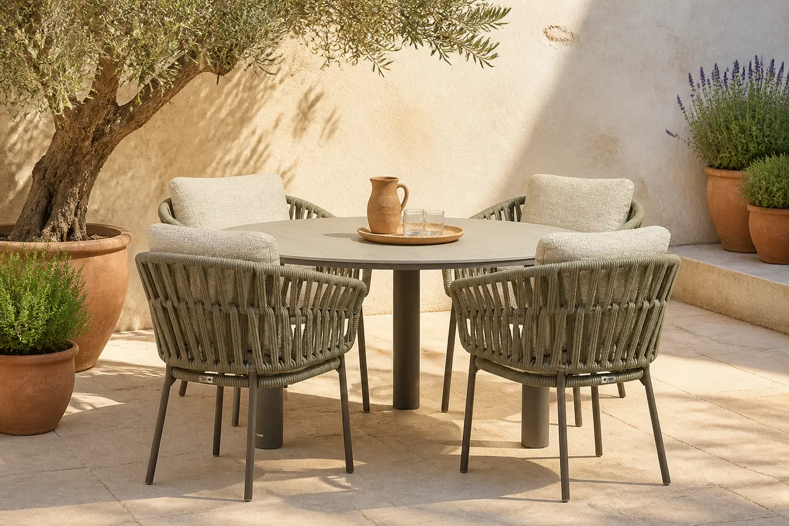 Sfeerfoto van Coco Viento/Trino 140 cm dining tuinset 5-delig – Zand/Beige