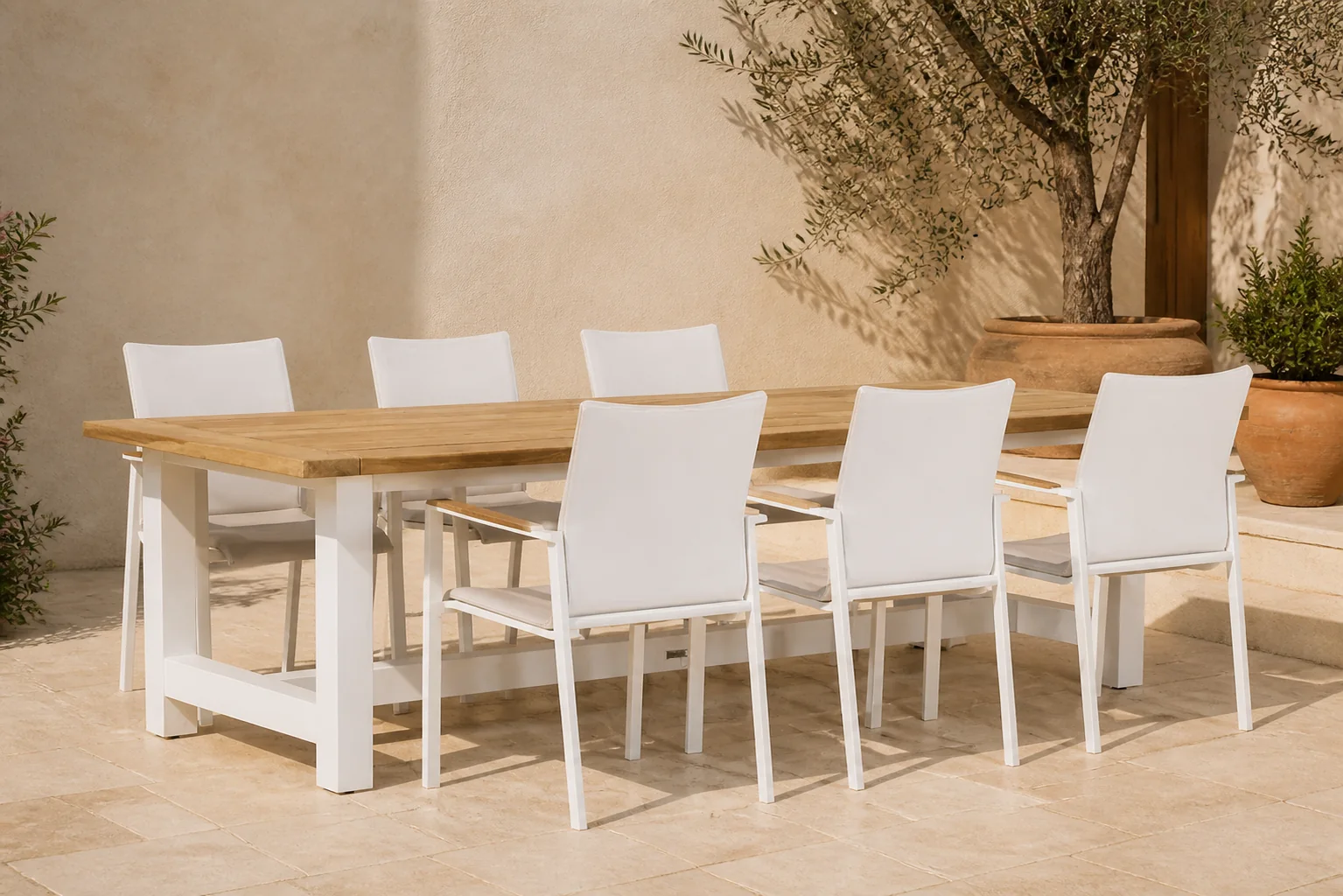 Sfeerfoto van Lifestyle Garden Furniture Brandon/Los Angeles 260 cm dining tuinset 7-delig – Wit