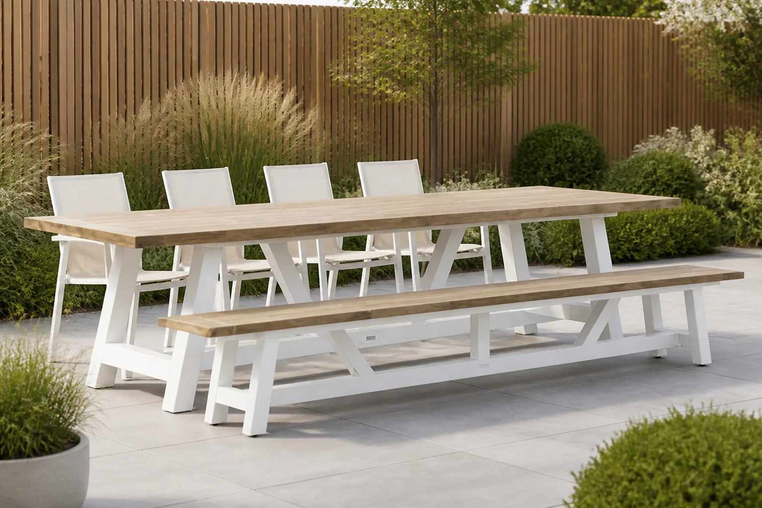 Sfeerfoto van Lifestyle Garden Furniture Fiora/Florence 330 cm dining tuinset 6-delig – Wit