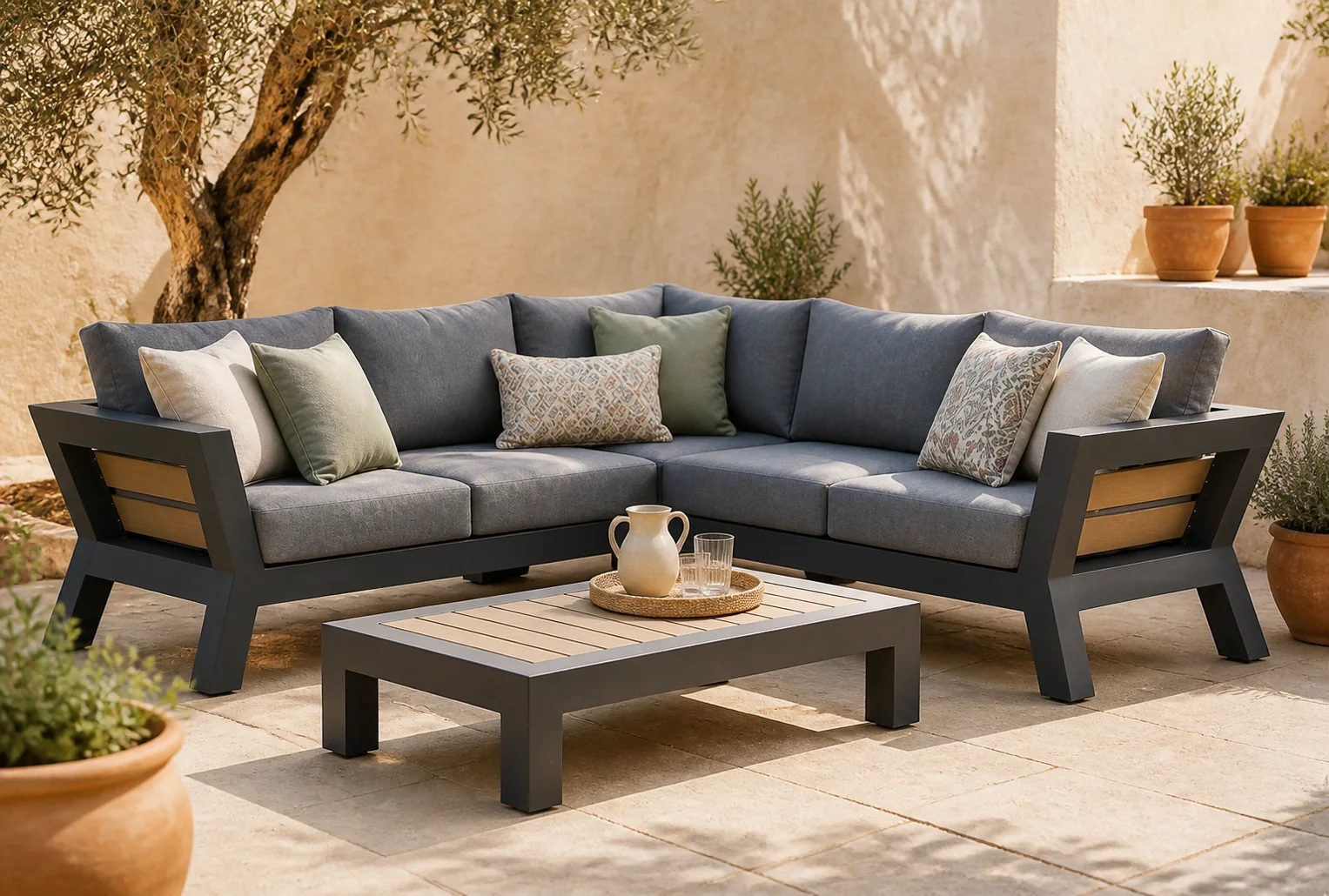 Sfeerfoto van Santika Furniture Yovita hoek loungeset 4-delig – Grijs-antraciet