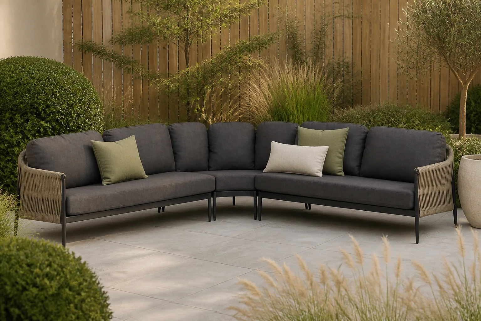 Sfeerfoto van Coco Romeo hoek loungeset 3-delig – Taupe-naturel-bruin