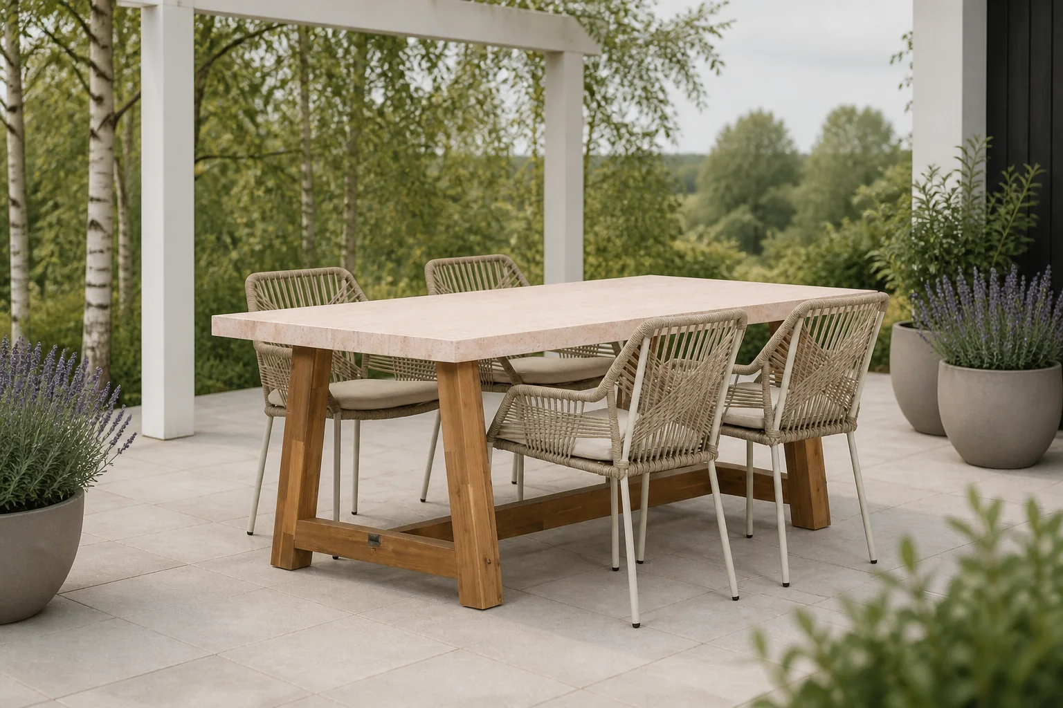 Sfeerfoto van BUITEN living Velora/Seville beige dining tuinset | 4 personen | polystone + touw | 200cm