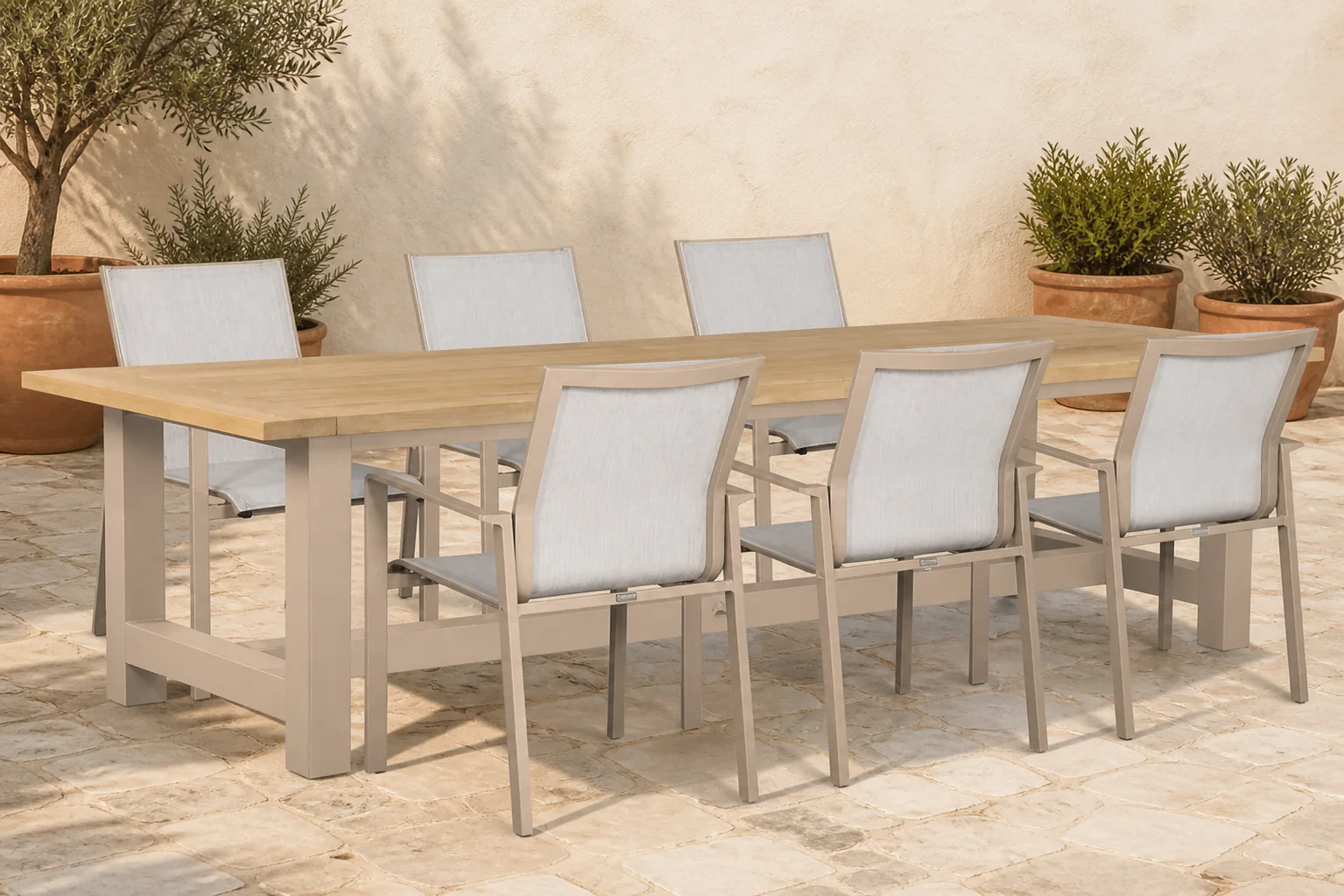 Sfeerfoto van Lifestyle Garden Furniture Timo/San Francisco 260×100 cm dining tuinset 7-delig – Zand/Beige