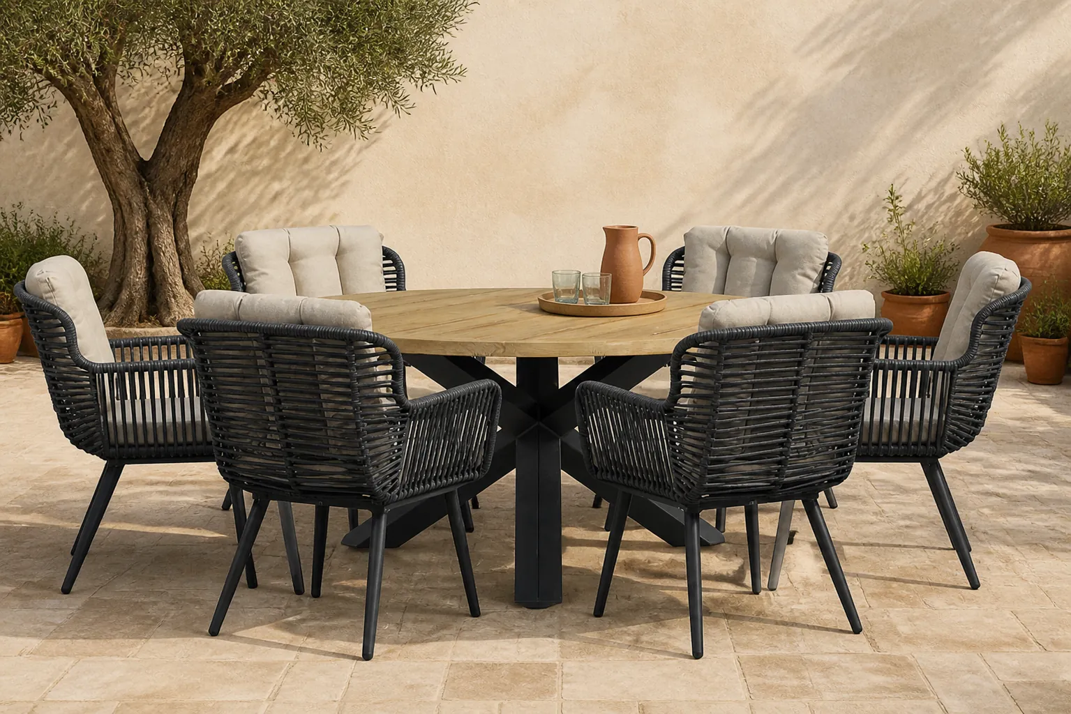 Sfeerfoto van Coco Custa/Rockville 160 cm dining tuinset 7-delig – Grijs-antraciet