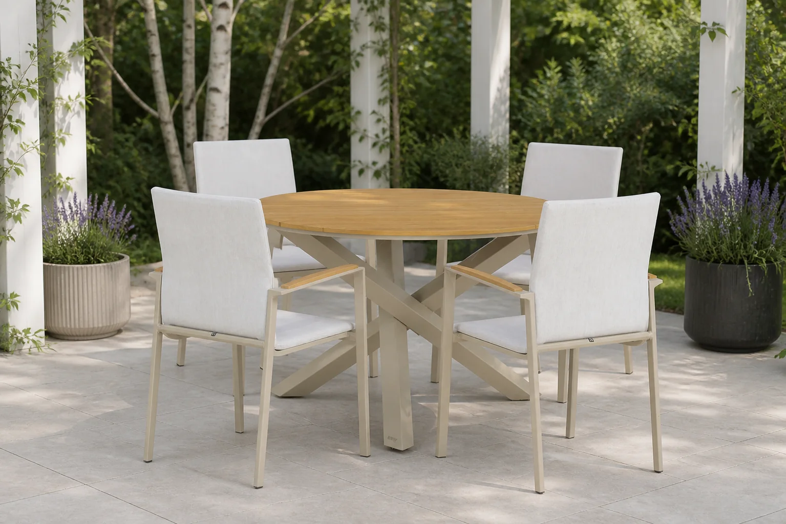 Sfeerfoto van Lifestyle Garden Furniture Brandon/Ancona 125 cm dining tuinset 5-delig – Taupe-naturel-bruin