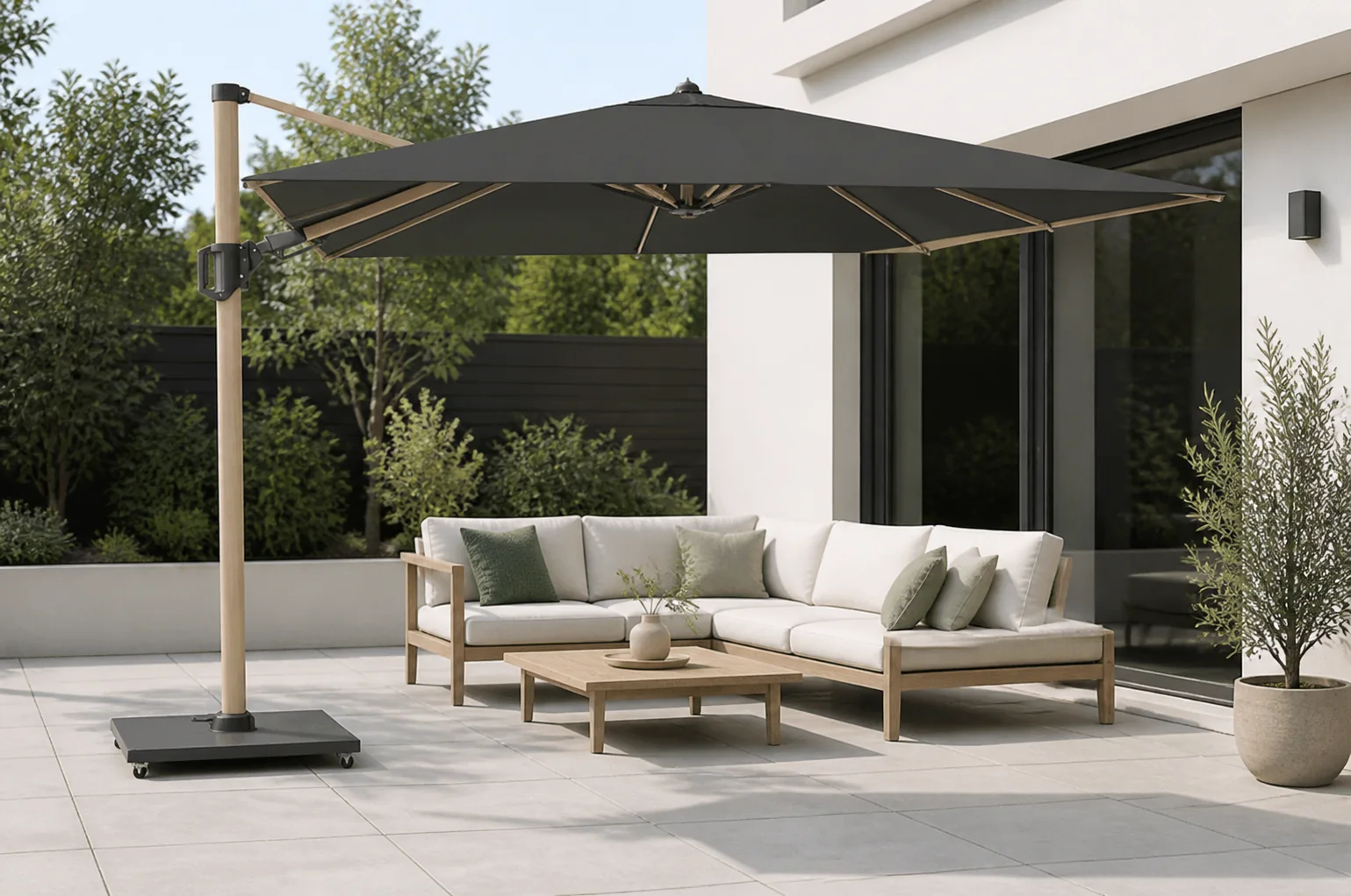 Sfeerfoto van Platinum Zweefparasol Challenger T2 Premium 300×300 cm vervaagd zwart oak kleurig frame zonwering