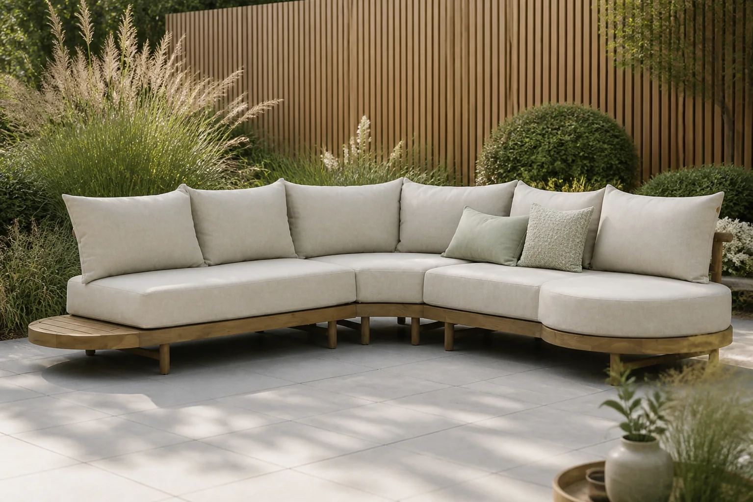 Sfeerfoto van Santika Furniture Kayu hoek loungeset 3-delig – Old teak greywash