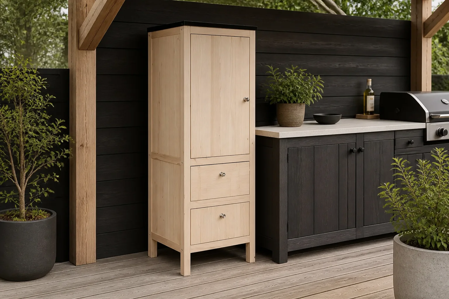 Sfeerfoto van Trendhout | Buitenkeuken Buffet Module H | Hoge Koelkast Kast