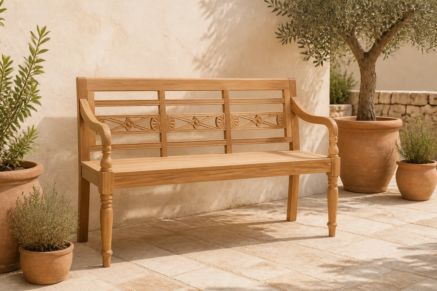 Sfeerfoto van Buitengewoon de boet Teak Stationsbank 150 cm – bruin