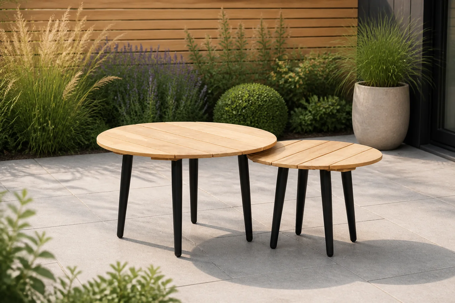 Sfeerfoto van BUITEN living Palermo koffietafel set van 2 | aluminium + teakhout | antraciet – Natural Teak/antraciet