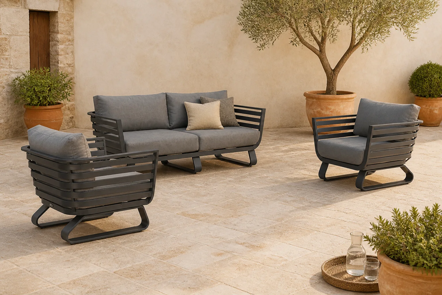 Sfeerfoto van Santika Furniture Sovita stoel-bank loungeset 3-delig antraciet – Grijs-antraciet