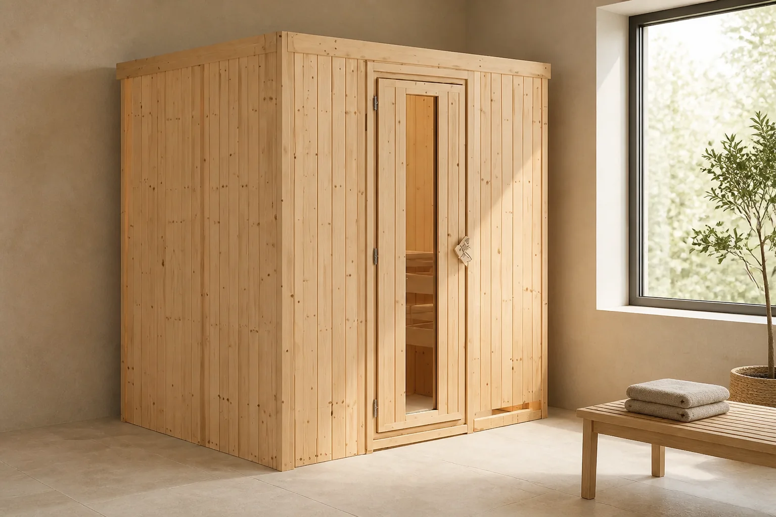 Sfeerfoto van Karibu | Fanja Sauna | Helderglas Deur | Biokachel 3,6 kW Externe Bediening