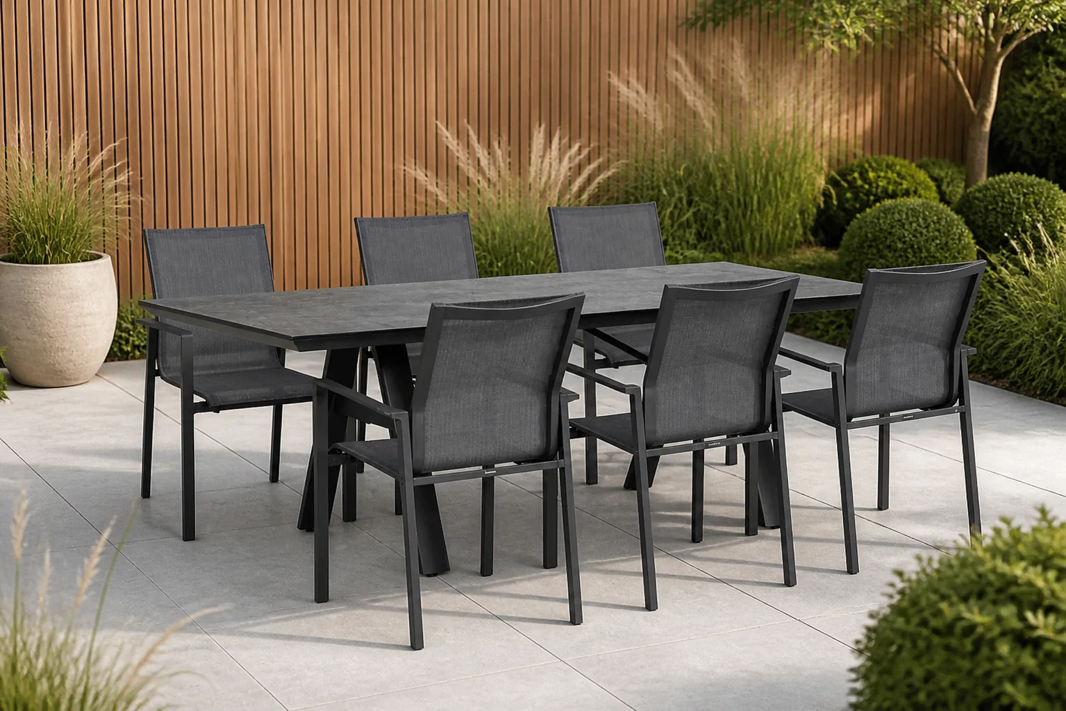 Sfeerfoto van Lifestyle Garden Furniture Timo/Monza 230×100 cm dining tuinset 7-delig – Grijs-antraciet