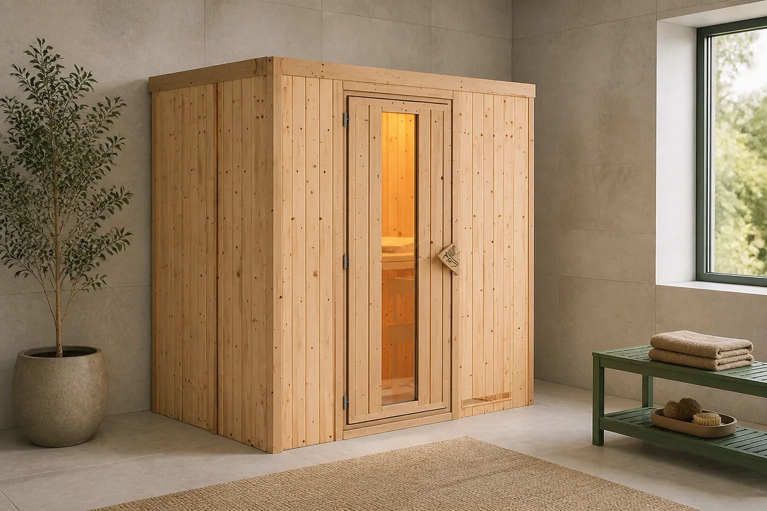 Sfeerfoto van Karibu | Nanja Sauna | Energiesparende Deur | Kachel 3,6 kW Externe Bediening