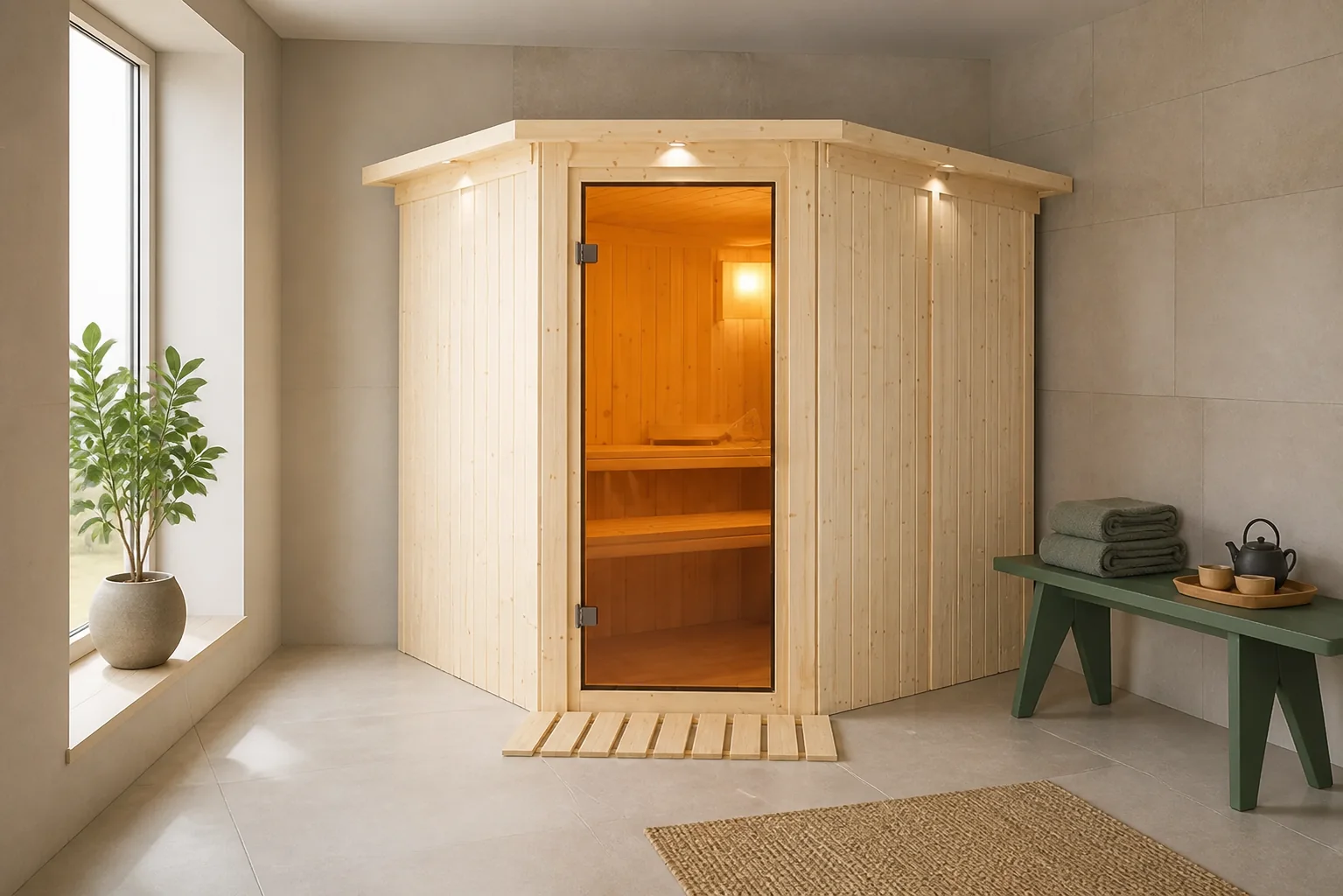 Sfeerfoto van Karibu | Lilja Sauna met Dakkraag | Bronzeglas Deur
