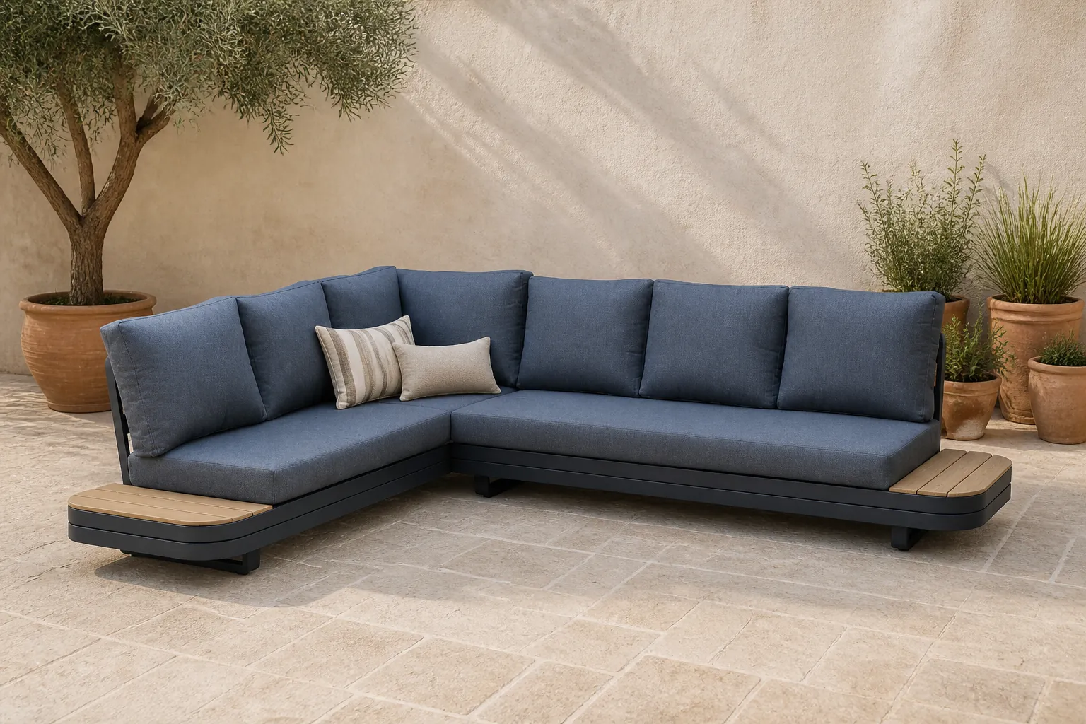 Sfeerfoto van LUX outdoor living Serrento hoek loungeset links 6 personen | aluminium + polywood | antraciet | 2-delig 311x241cm