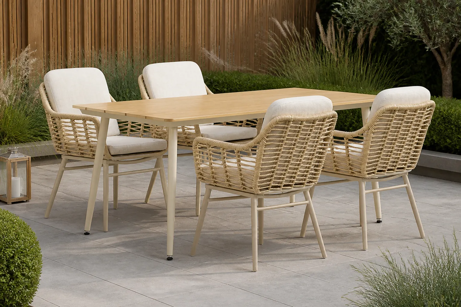 Sfeerfoto van Coco Antoni/Matale 180 cm dining tuinset 5-delig – Taupe-naturel-bruin