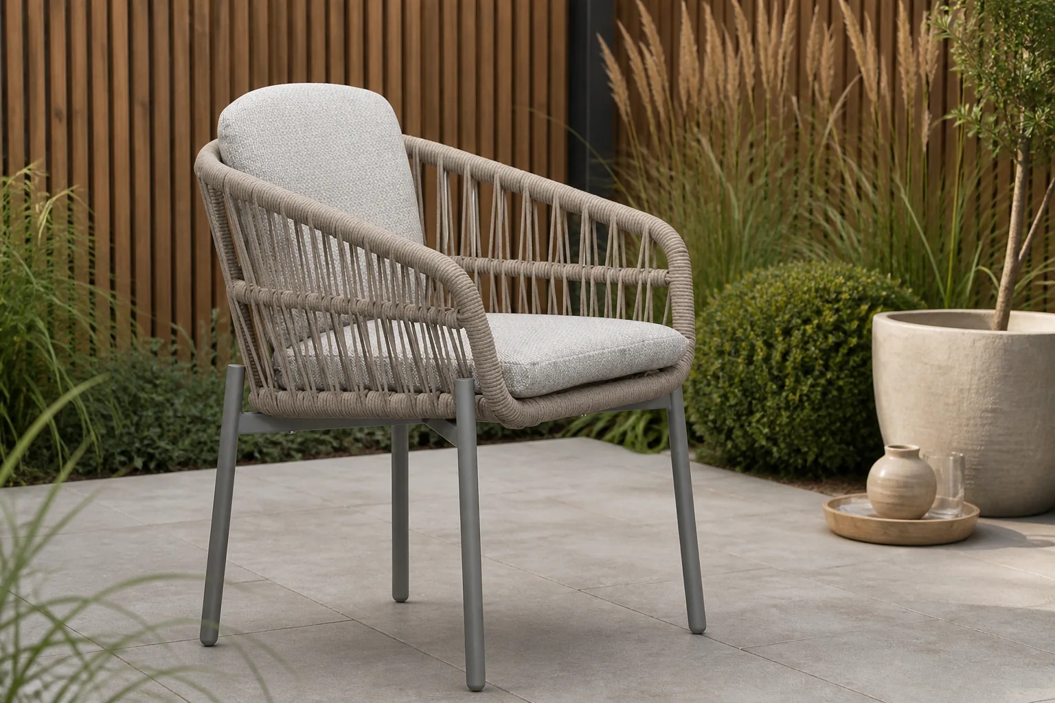 Sfeerfoto van LUX outdoor living Rico dining tuinstoel | aluminium + touw | zand