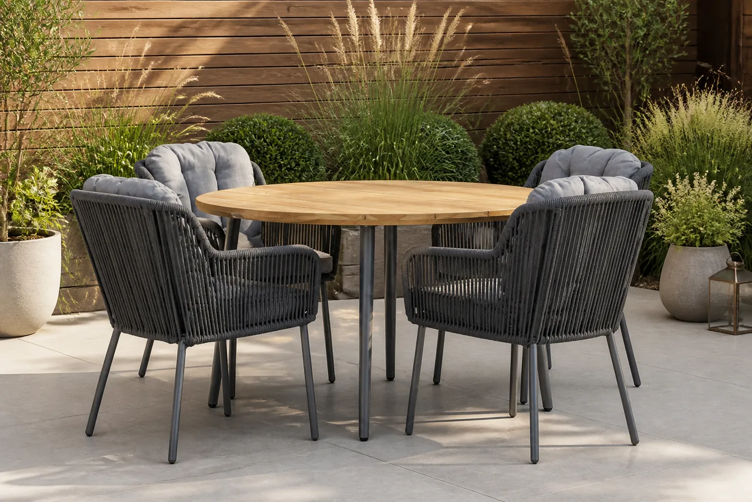 Sfeerfoto van Santika Furniture Tendenza/Montana 130 cm rond dining tuinset 5-delig – Grijs-antraciet