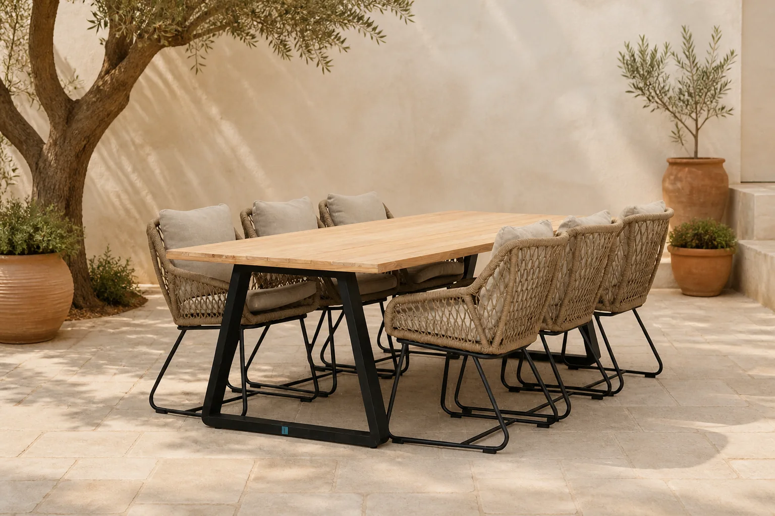 Sfeerfoto van LUX outdoor living Elena/Portofino Sahara Dust dining tuinset | 6 personen | teakhout + touw | 240cm – Zand