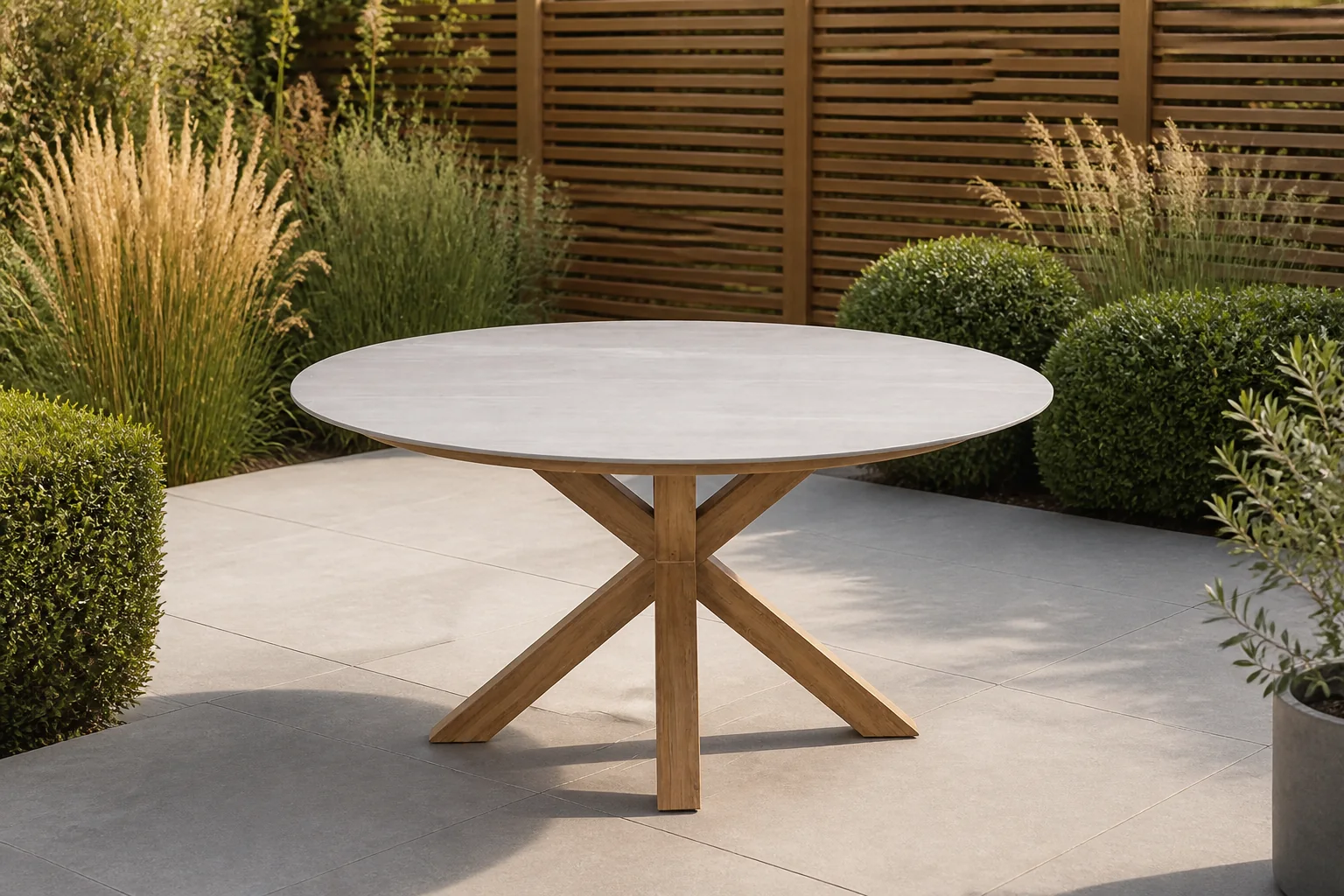 Sfeerfoto van Garden impressions Lowland Tuintafel Napoli Sand dia. 150 cm – bruin;grijs