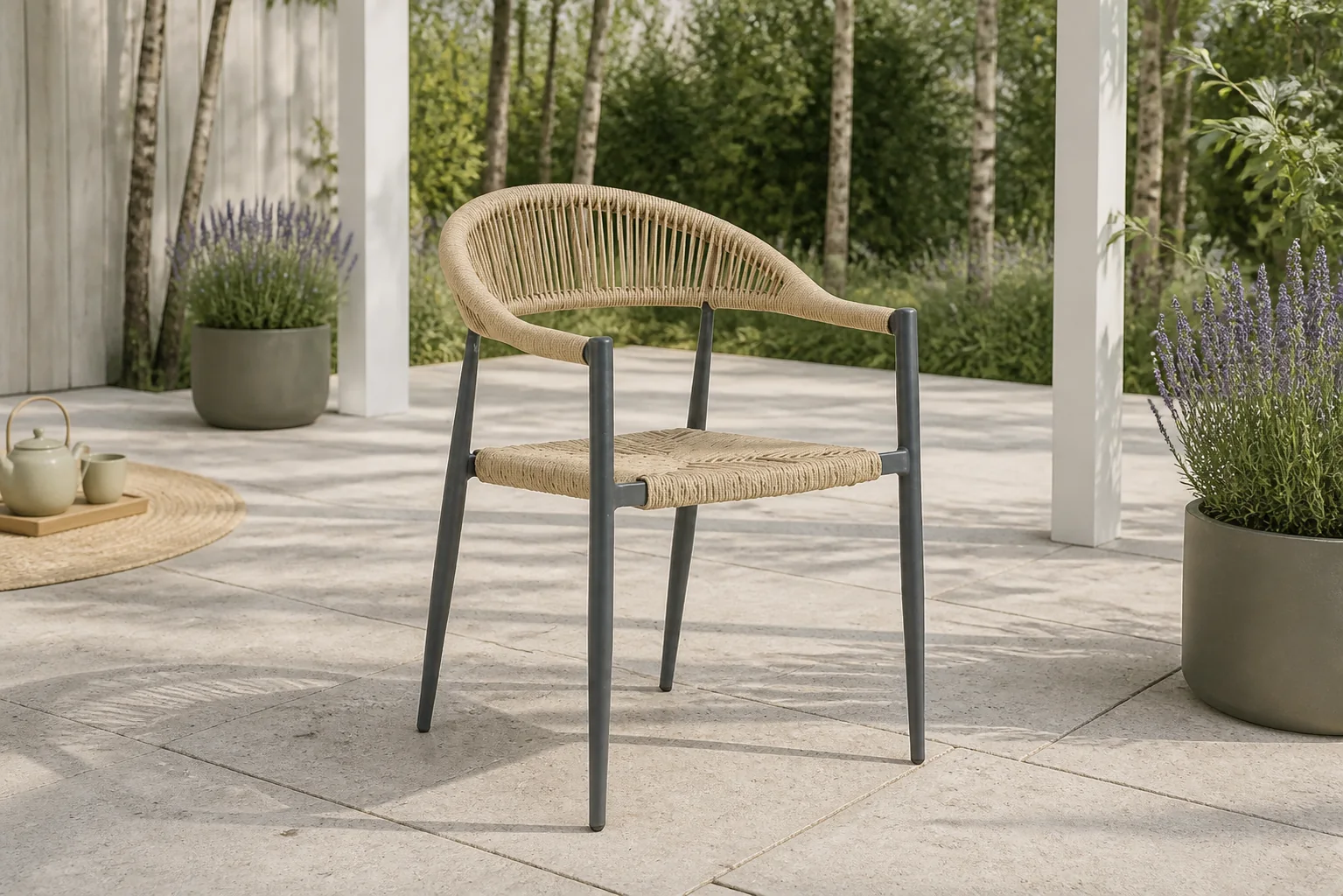 Sfeerfoto van De Laan Projects Lifestyle Granada/Vienna 180 cm dining tuinset 5-delig – Taupe-naturel-bruin