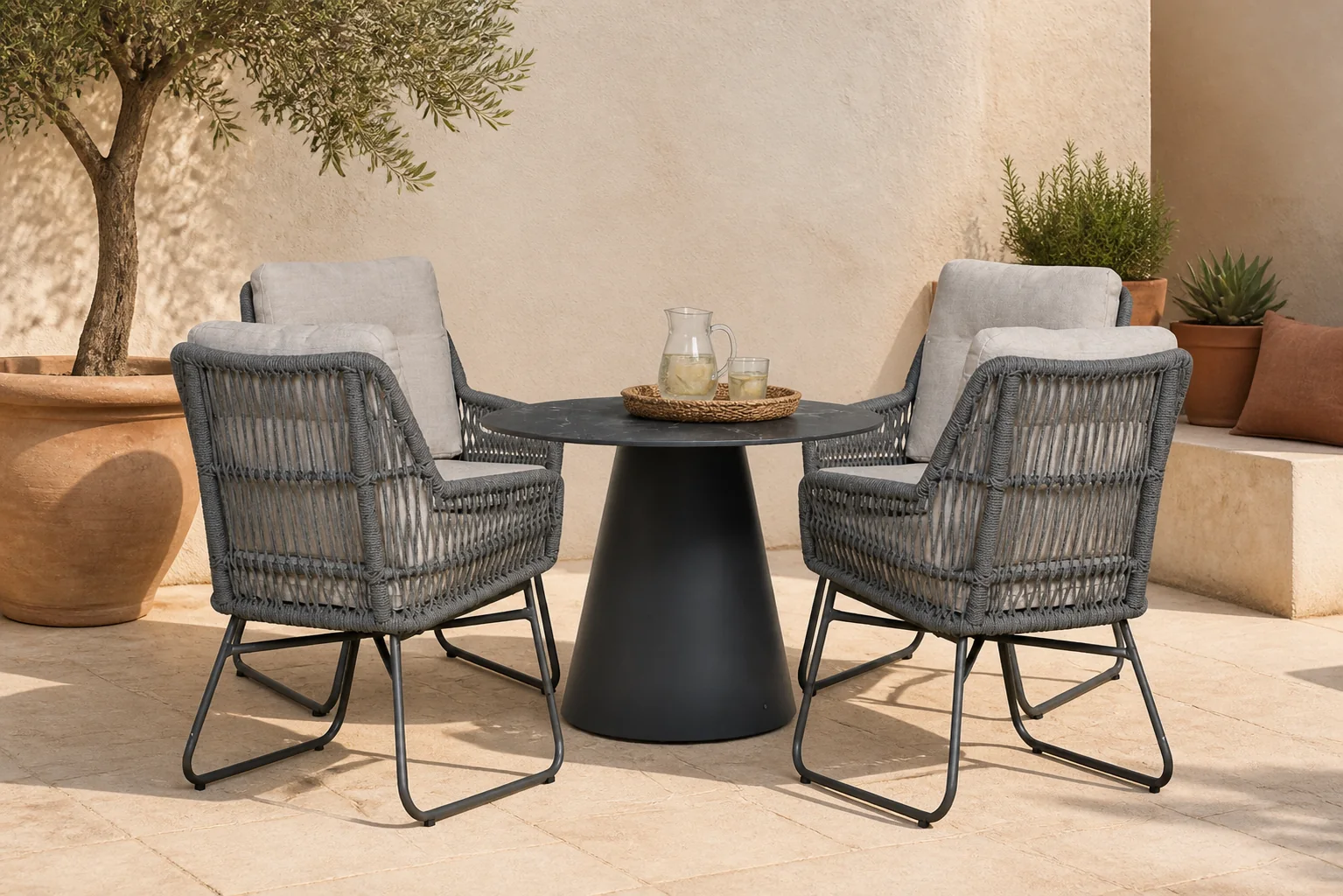 Sfeerfoto van Lifestyle Garden Furniture Vicente/Serino 100 cm dining tuinset 5-delig – Grijs-antraciet