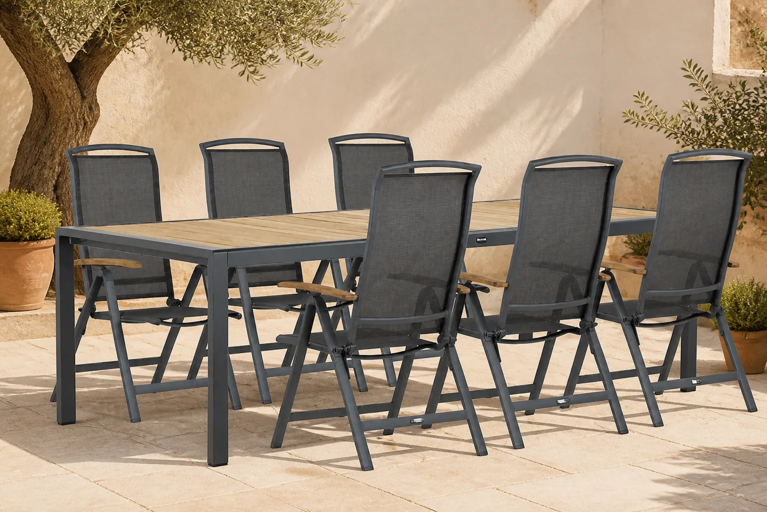 Sfeerfoto van Lifestyle Garden Furniture Rosello/Valence 240 cm dining tuinset 7-delig – Transparant