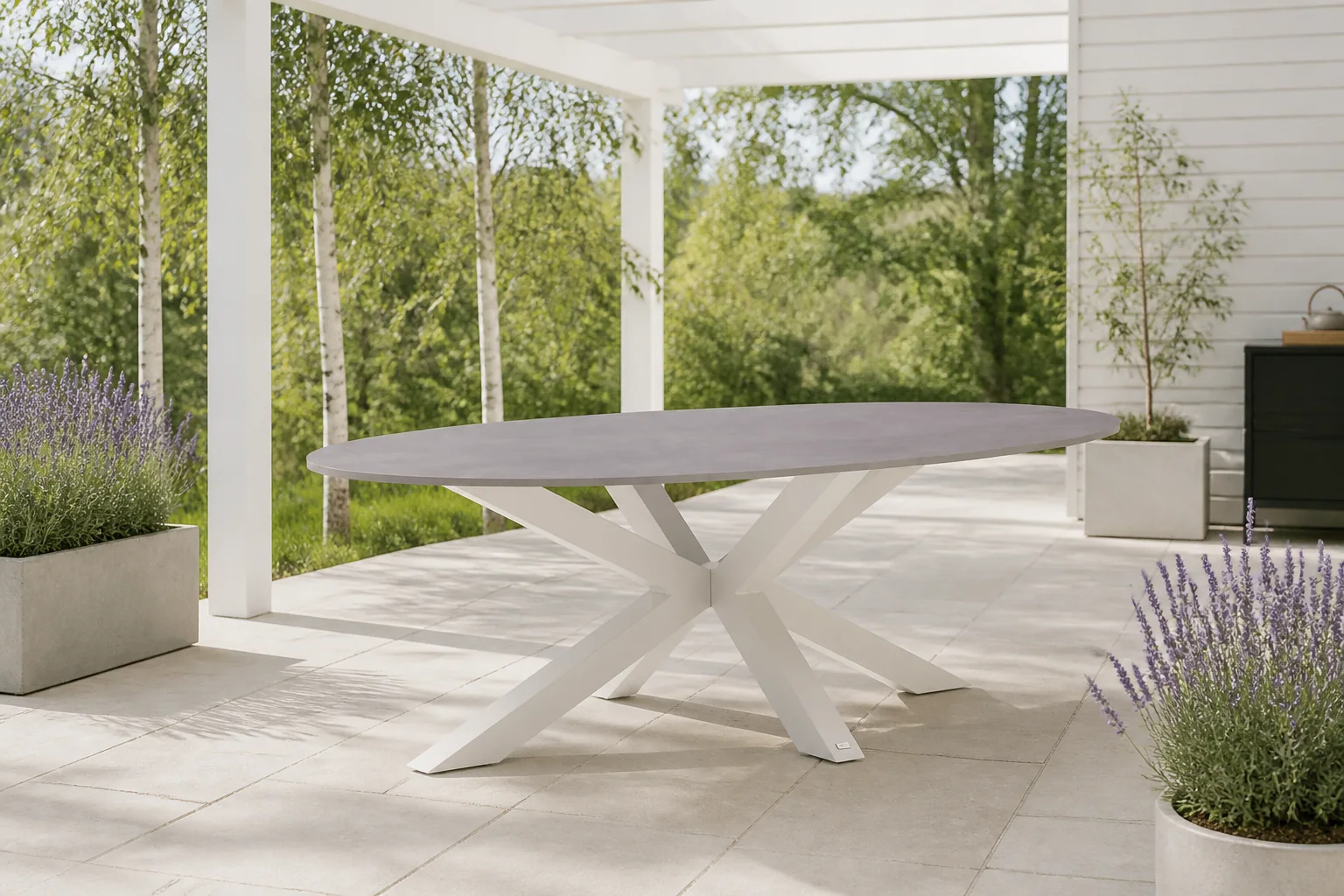 Sfeerfoto van Bellagio tuinmeubelen Induno Ellips dining tuintafel 240x120cm – Wit