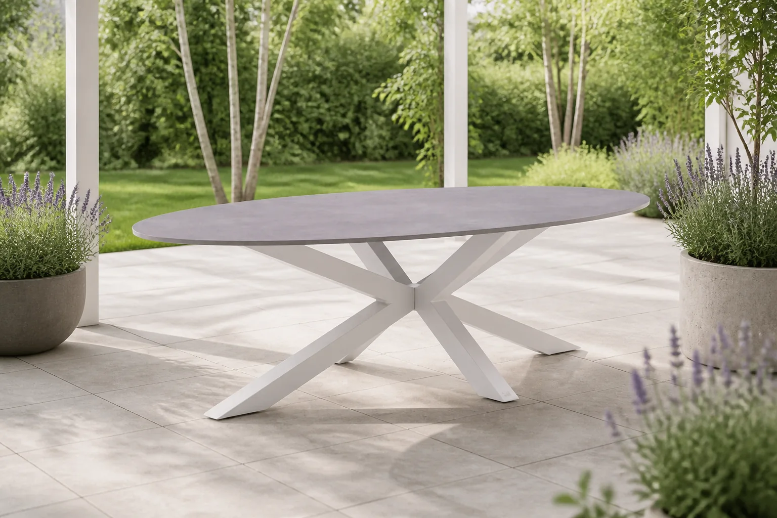 Sfeerfoto van Bellagio tuinmeubelen Induno Ellips dining tuintafel 280x130cm – Wit