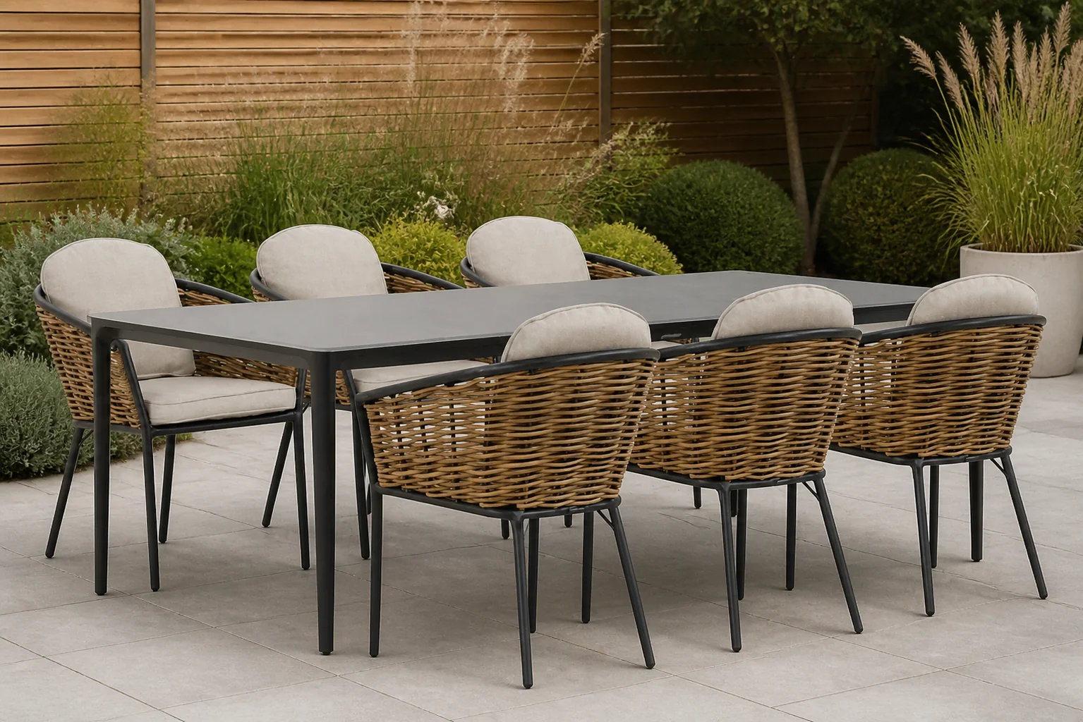 Sfeerfoto van Lifestyle Garden Furniture Nice/Gianna 240 cm dining tuinset 7-delig – Grijs-antraciet