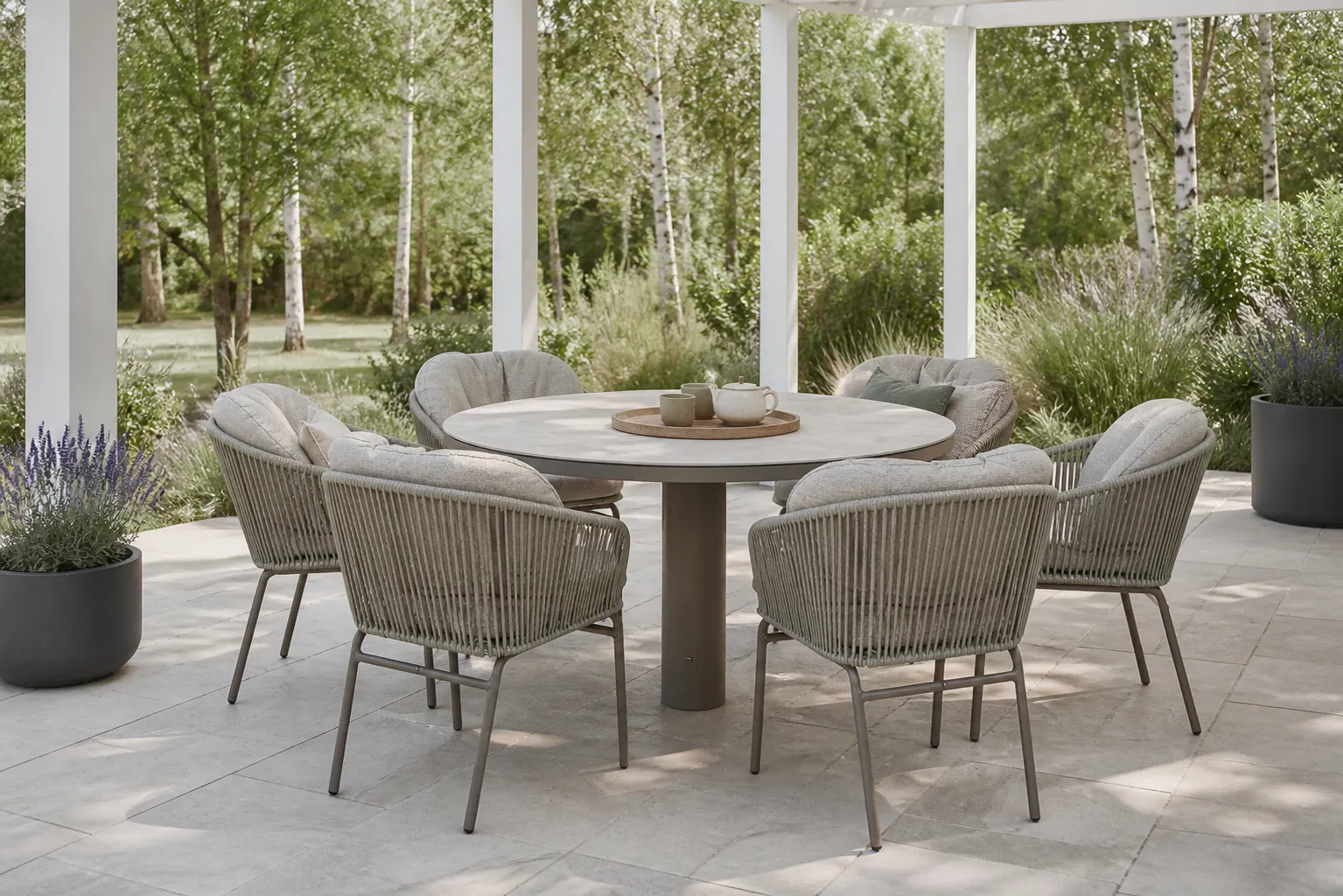 Sfeerfoto van Coco Livo/Arancia 150 cm dining tuinset 7-delig – Taupe-naturel-bruin